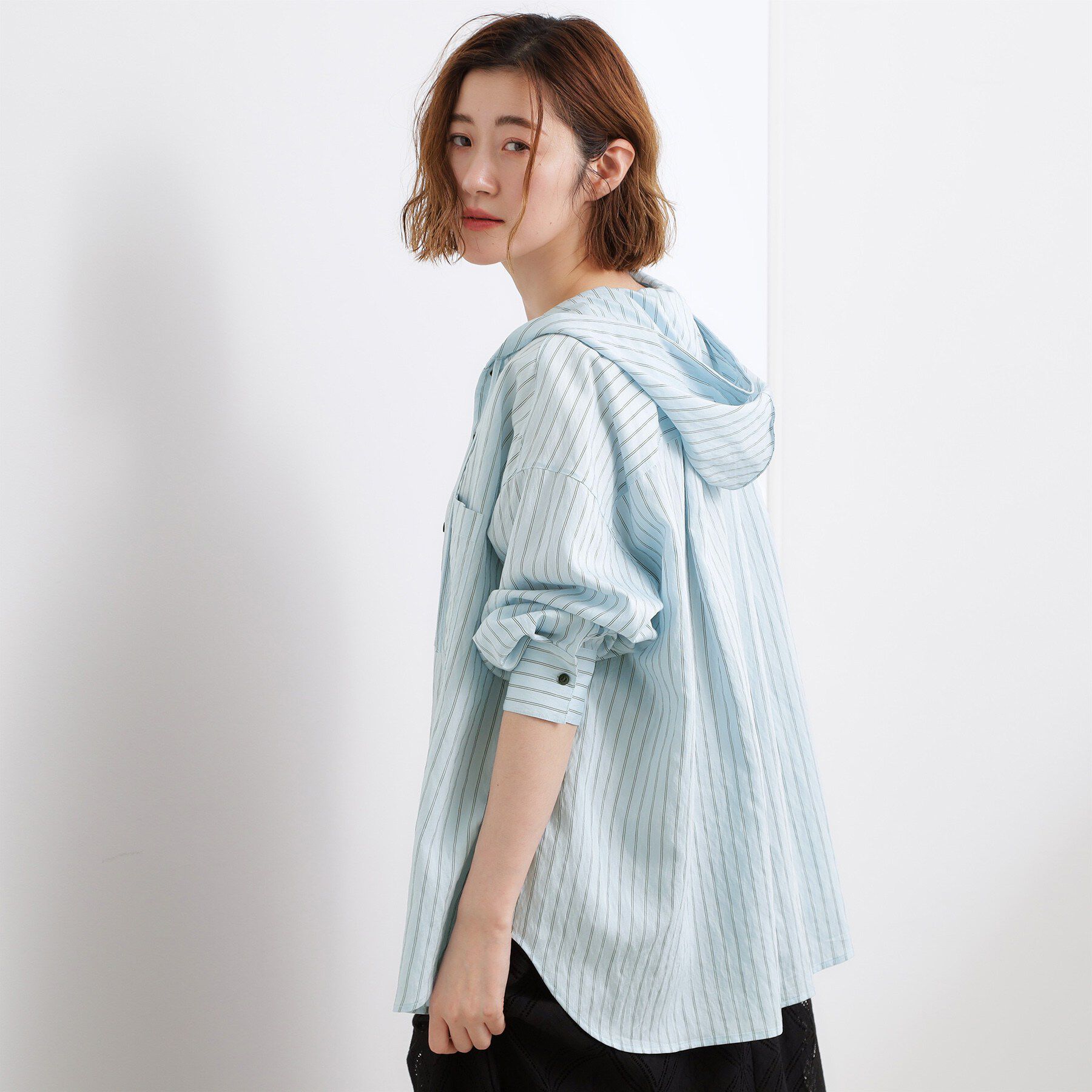 grove「【洗える】大人のストライプ フーディシャツ」|シャツ・ブラウス|