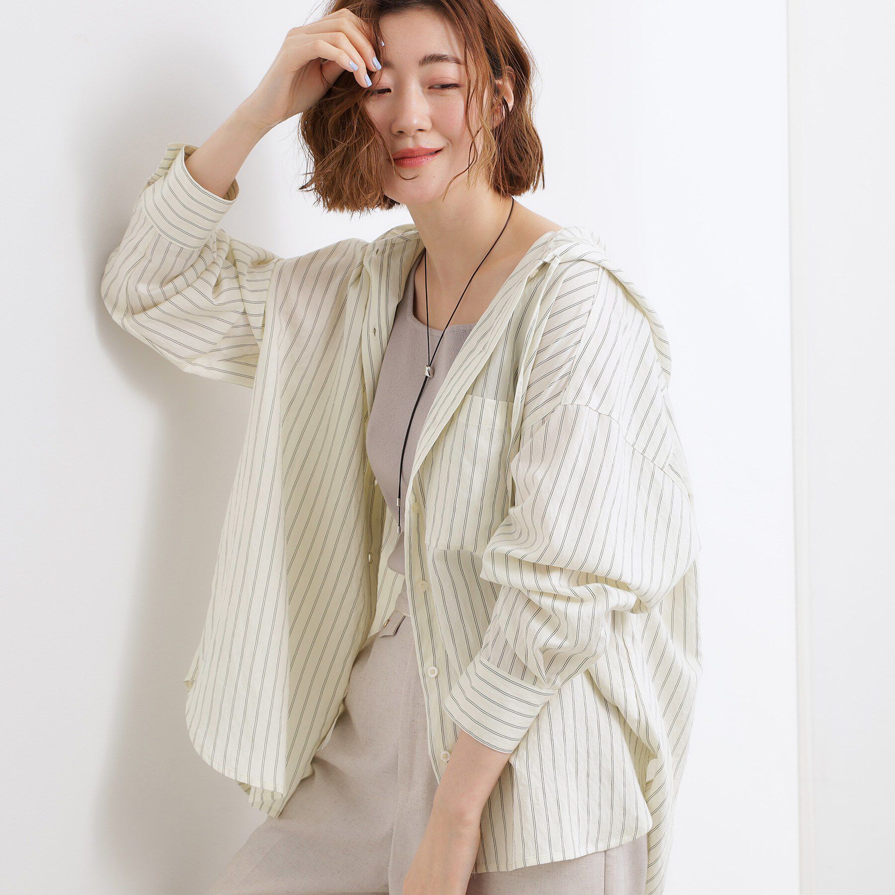 grove「【洗える】大人のストライプ フーディシャツ」|シャツ・ブラウス|