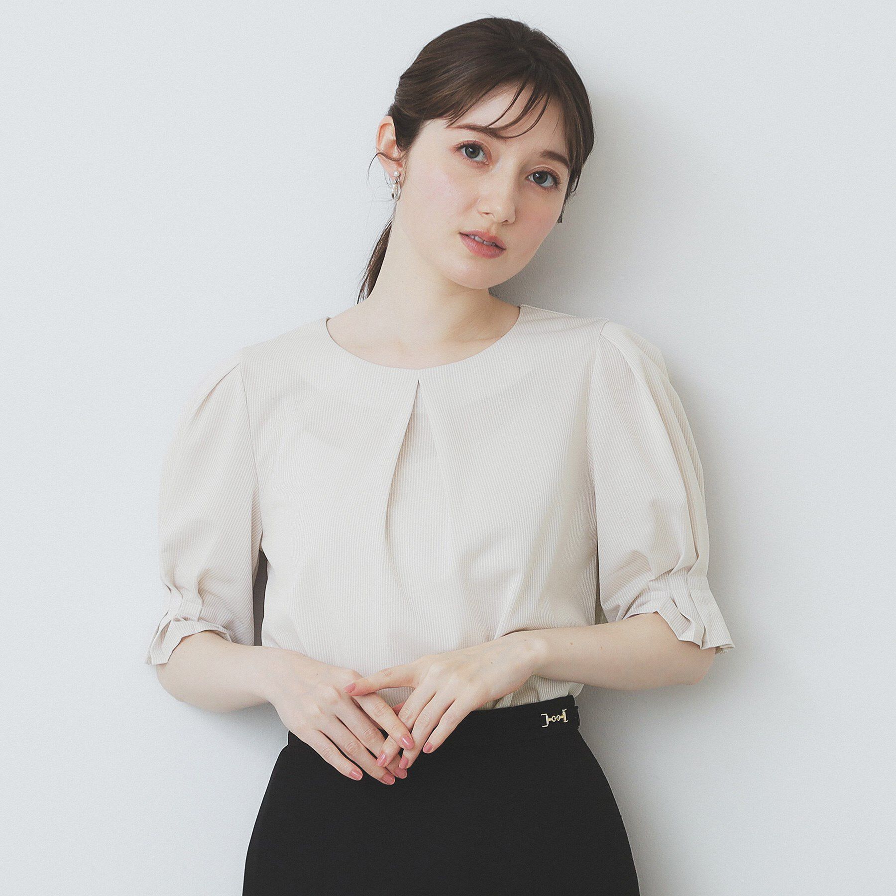 index「ストライプジャージタックスリーブトップス【吸水速乾／洗濯機洗い可】」|Tシャツ・カットソー|グレージュ(350)