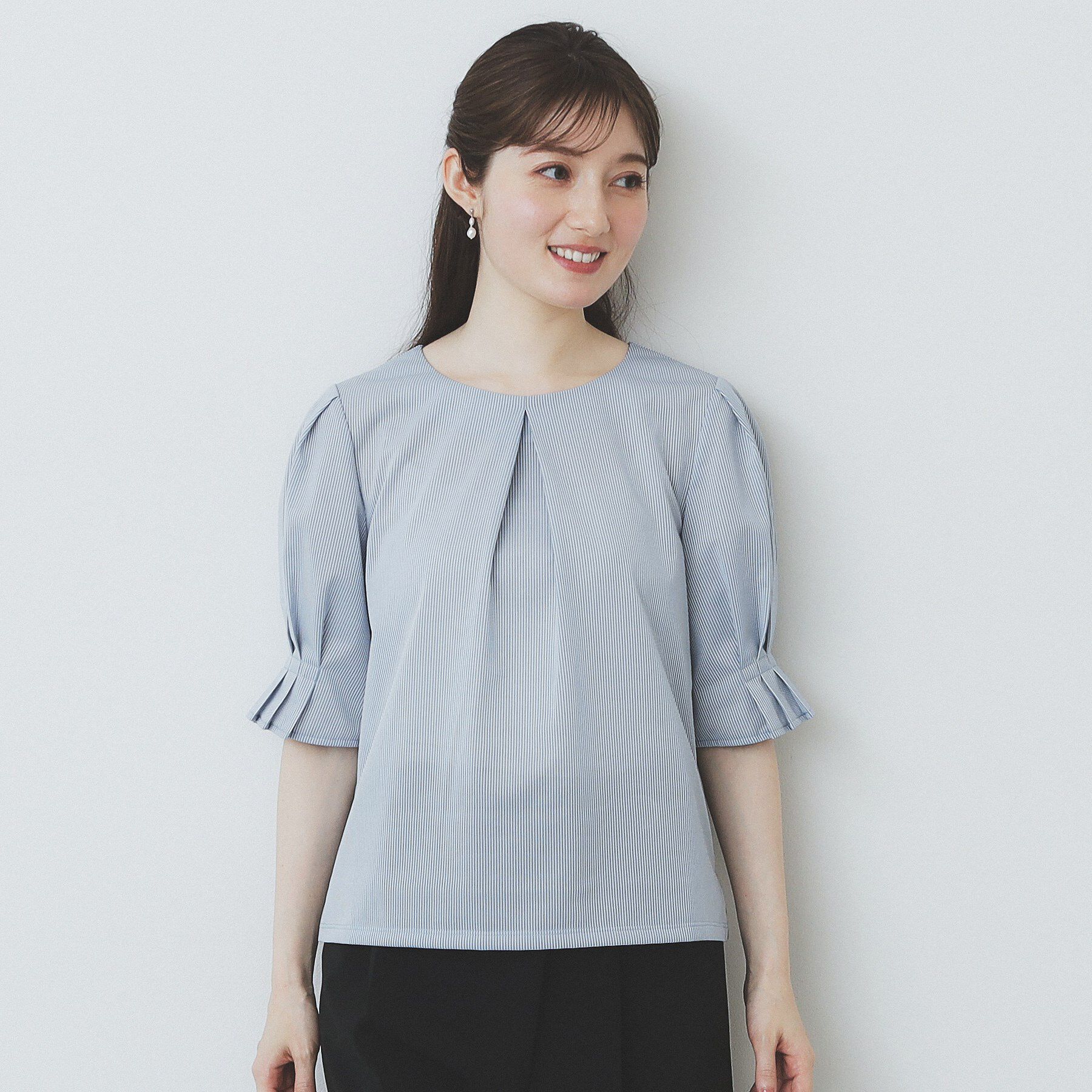index「ストライプジャージタックスリーブトップス【吸水速乾／洗濯機洗い可】」|Tシャツ・カットソー|