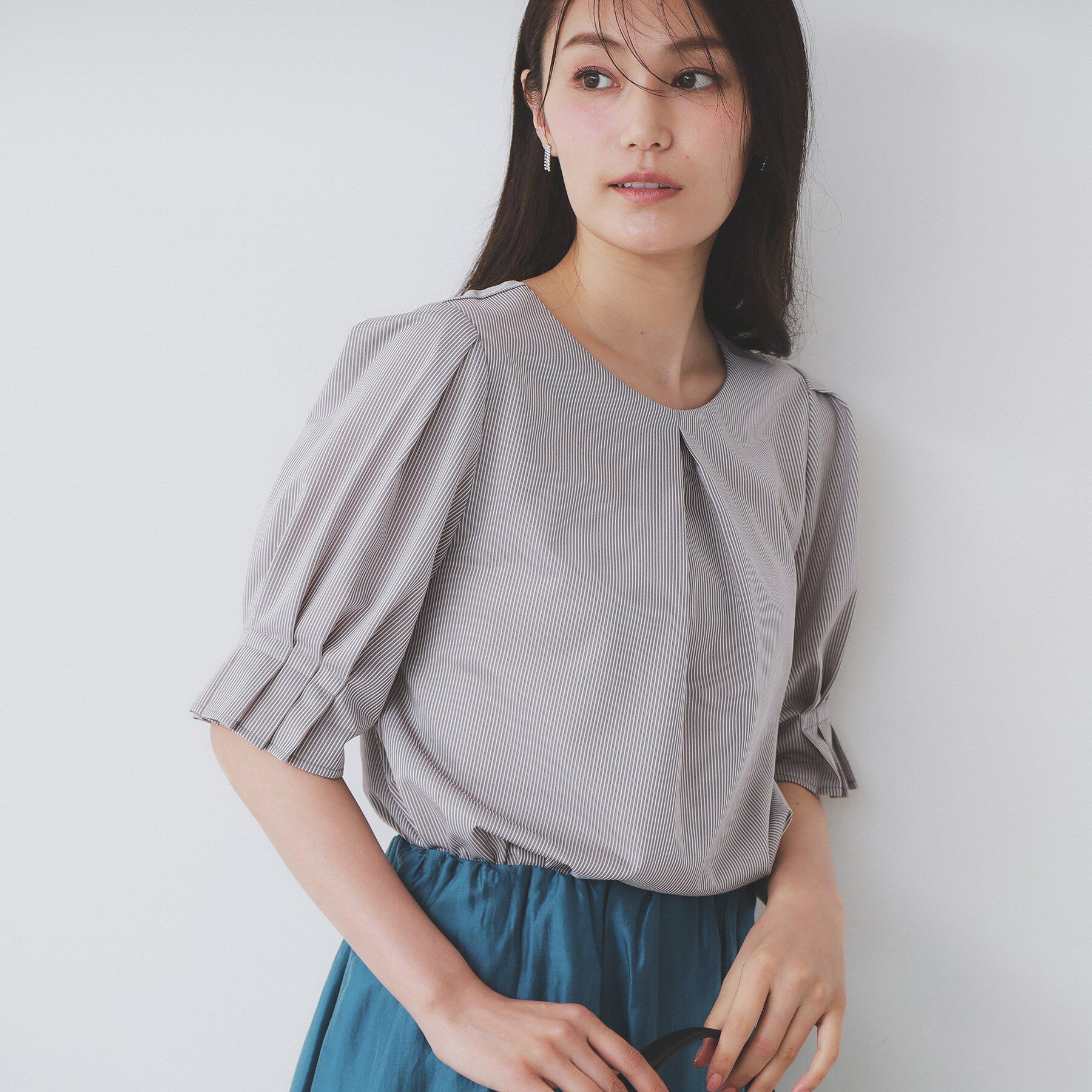 index「ストライプジャージタックスリーブトップス【吸水速乾／洗濯機洗い可】」|Tシャツ・カットソー|トープ(354)