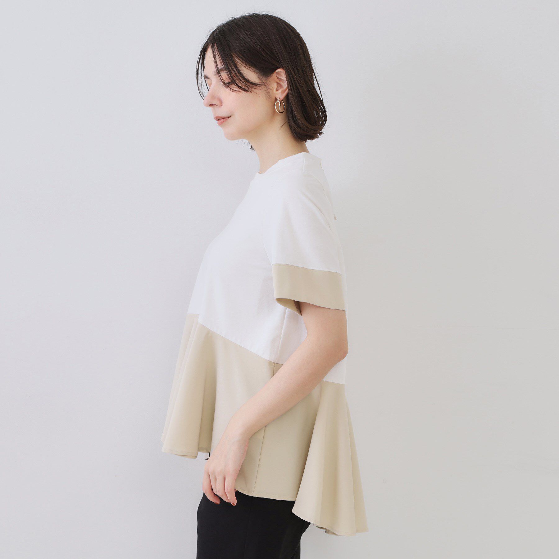 OPAQUE.CLIP「配色フハクドッキングペプラムトップス【洗濯機洗い可／抗ピル】」|Tシャツ・カットソー|