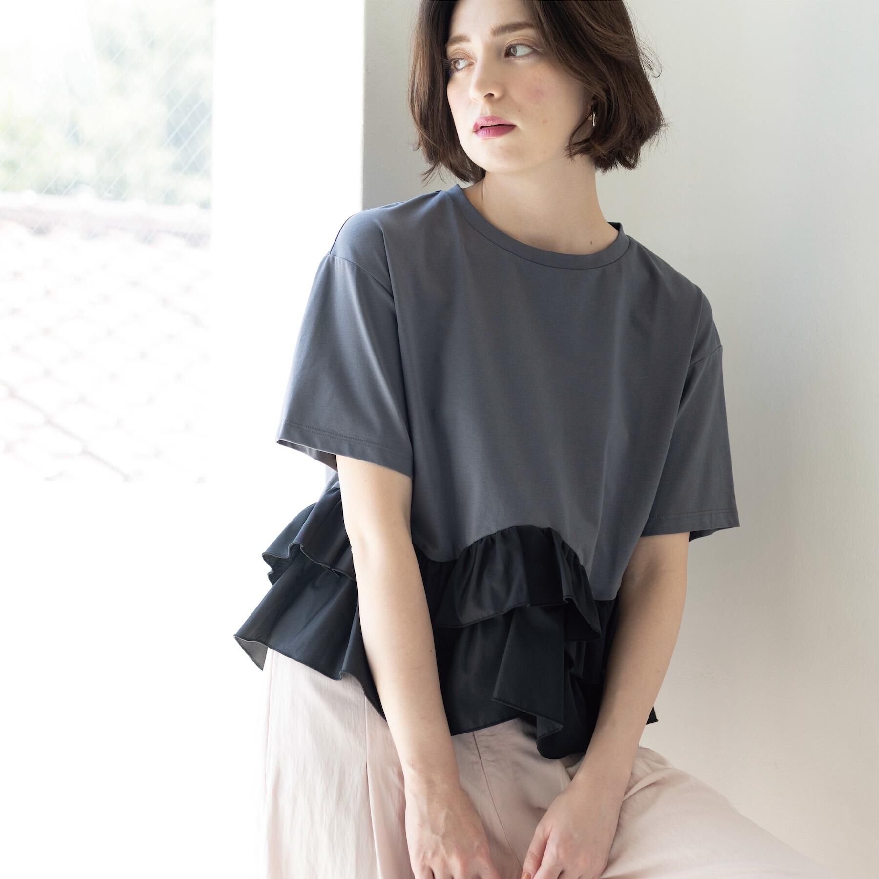 OPAQUE.CLIP「裾フリルドッキングTシャツ【洗濯機OK】」|Tシャツ・カットソー|チャコールグレー(5