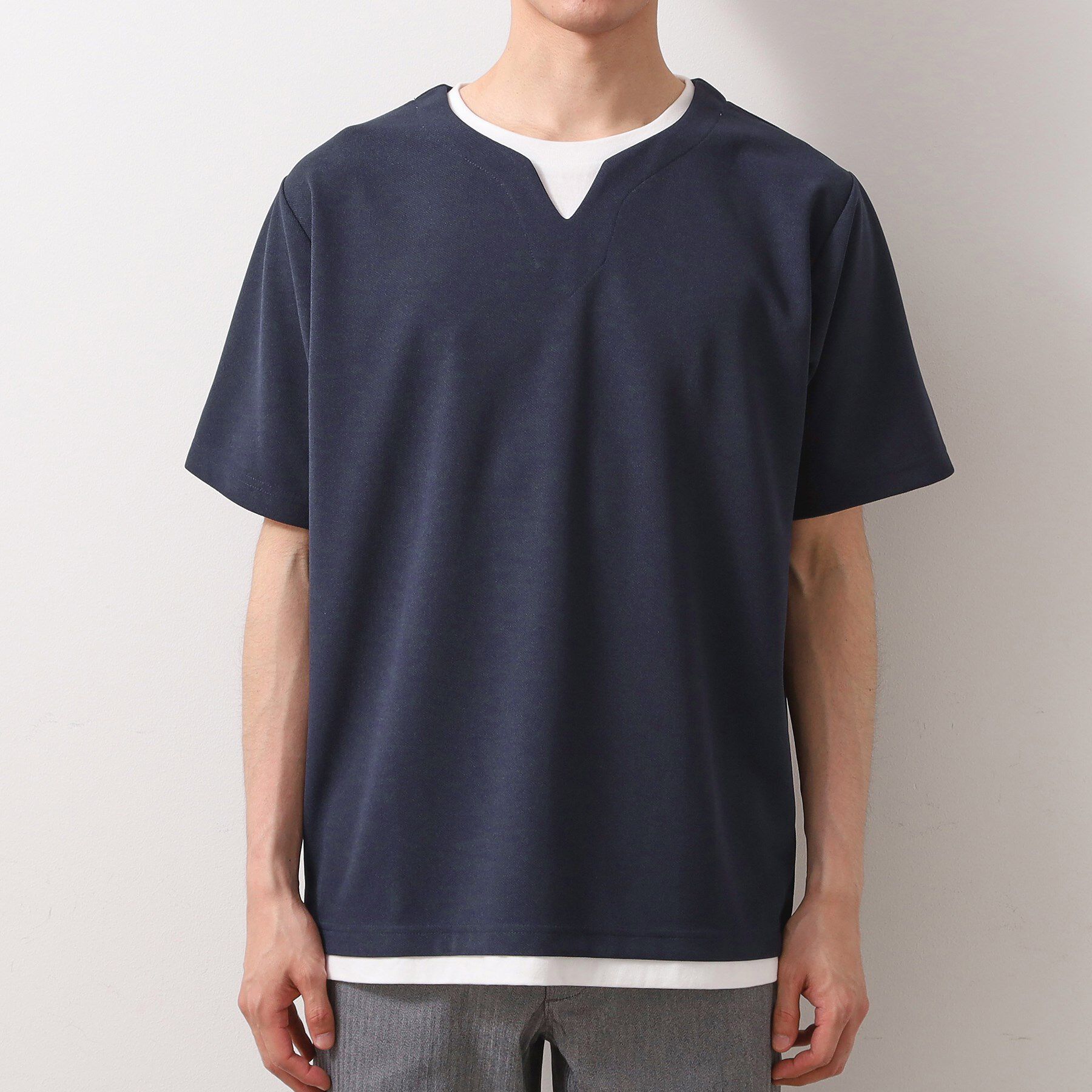 THE SHOP TK「ツイルキーネック 半袖Tシャツ 接触冷感/洗濯機OK」|Tシャツ・カットソー|