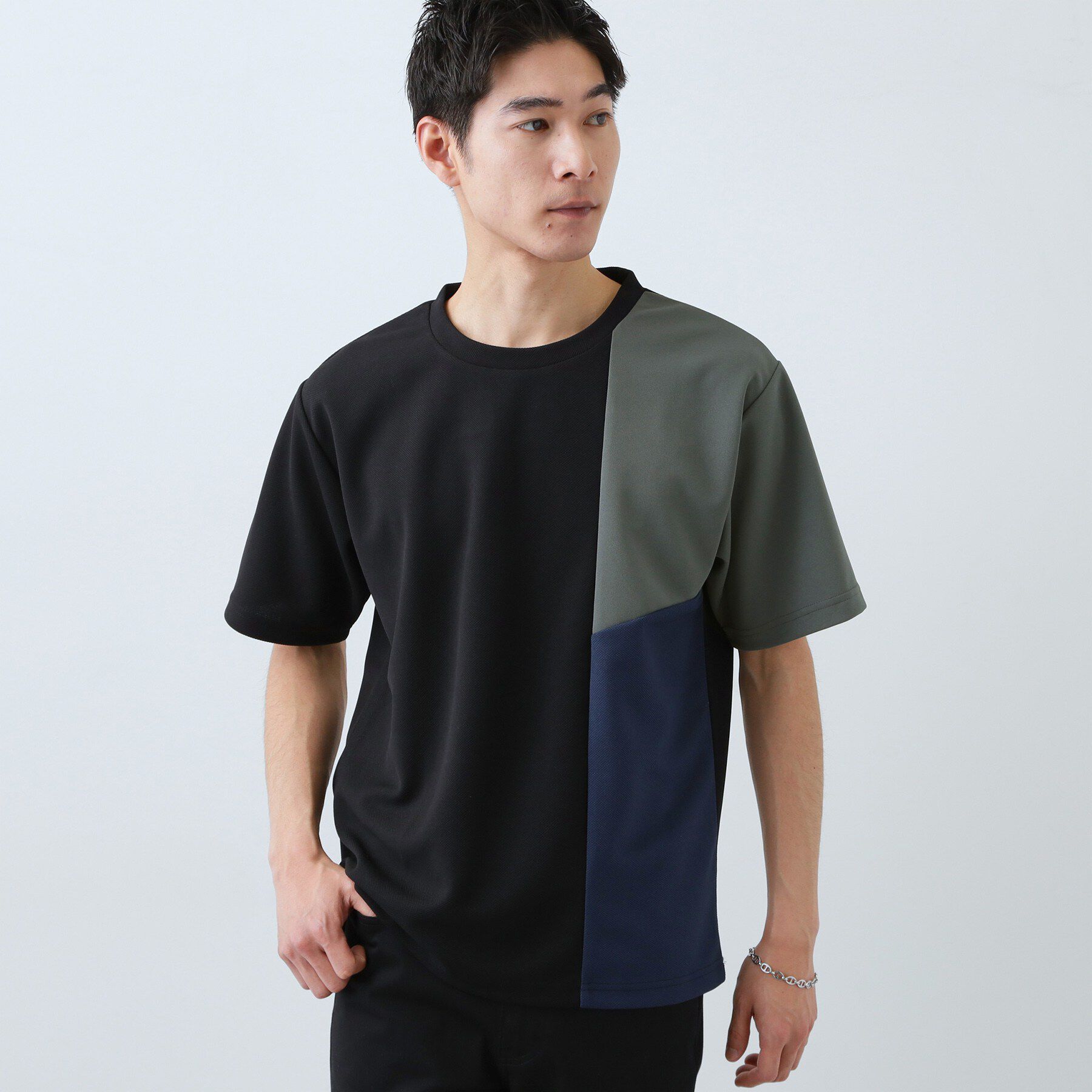 THE SHOP TK「【一枚で着映える】パターンブロッキング 半袖Tシャツ 洗濯機OK」|Tシャツ・カットソー|ブラック(519)