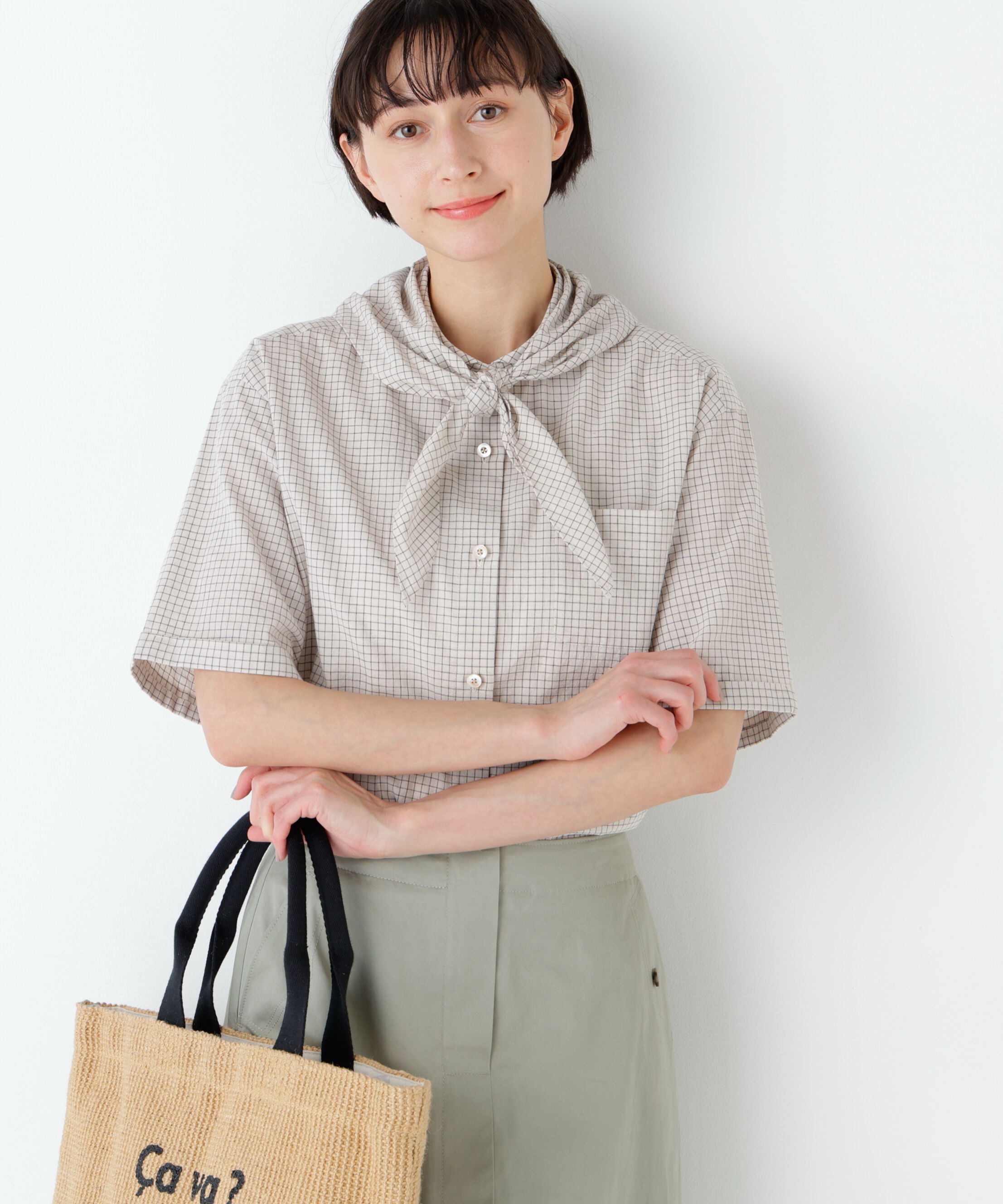  「麻混チェック三角巾シャツ」|シャツ・ブラウス|ベージュチェ 3