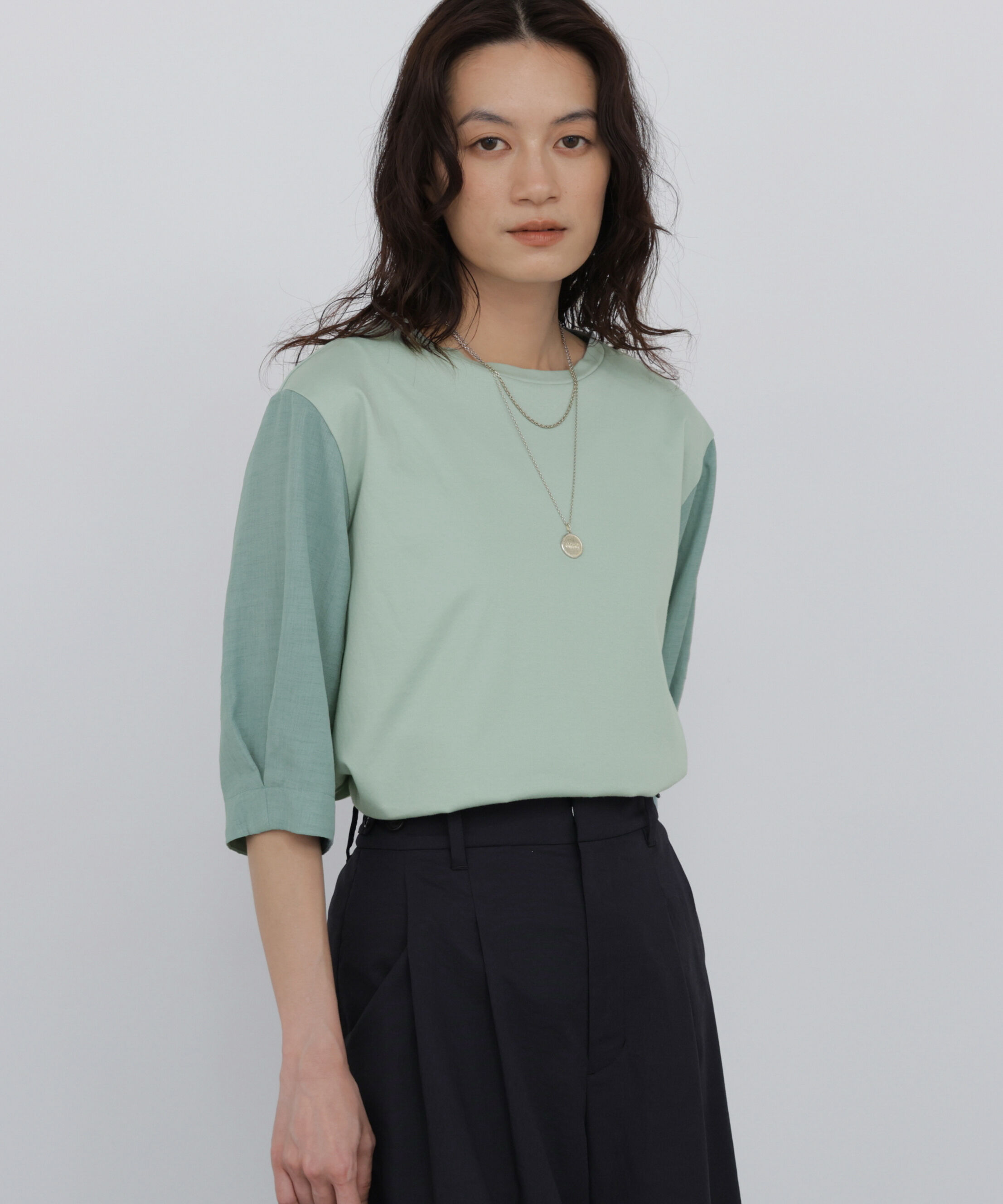  「《洗える》布帛コンビカットソー」|Tシャツ・カットソー|ミントグリー
