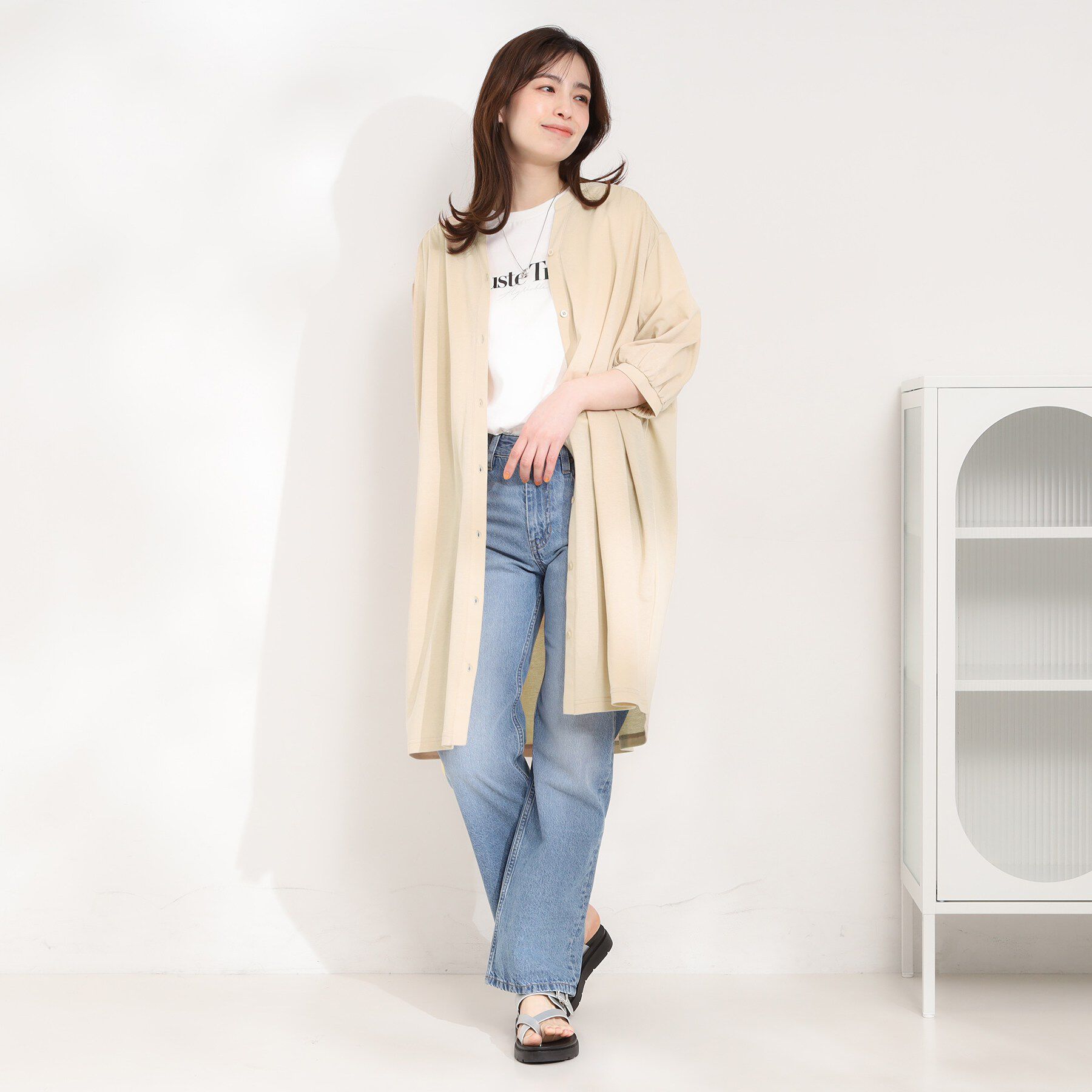 SHOO･LA･RUE「【洗濯機可/S-LL】1枚でも羽織でも キーネックシャツワンピース」|ワンピース|