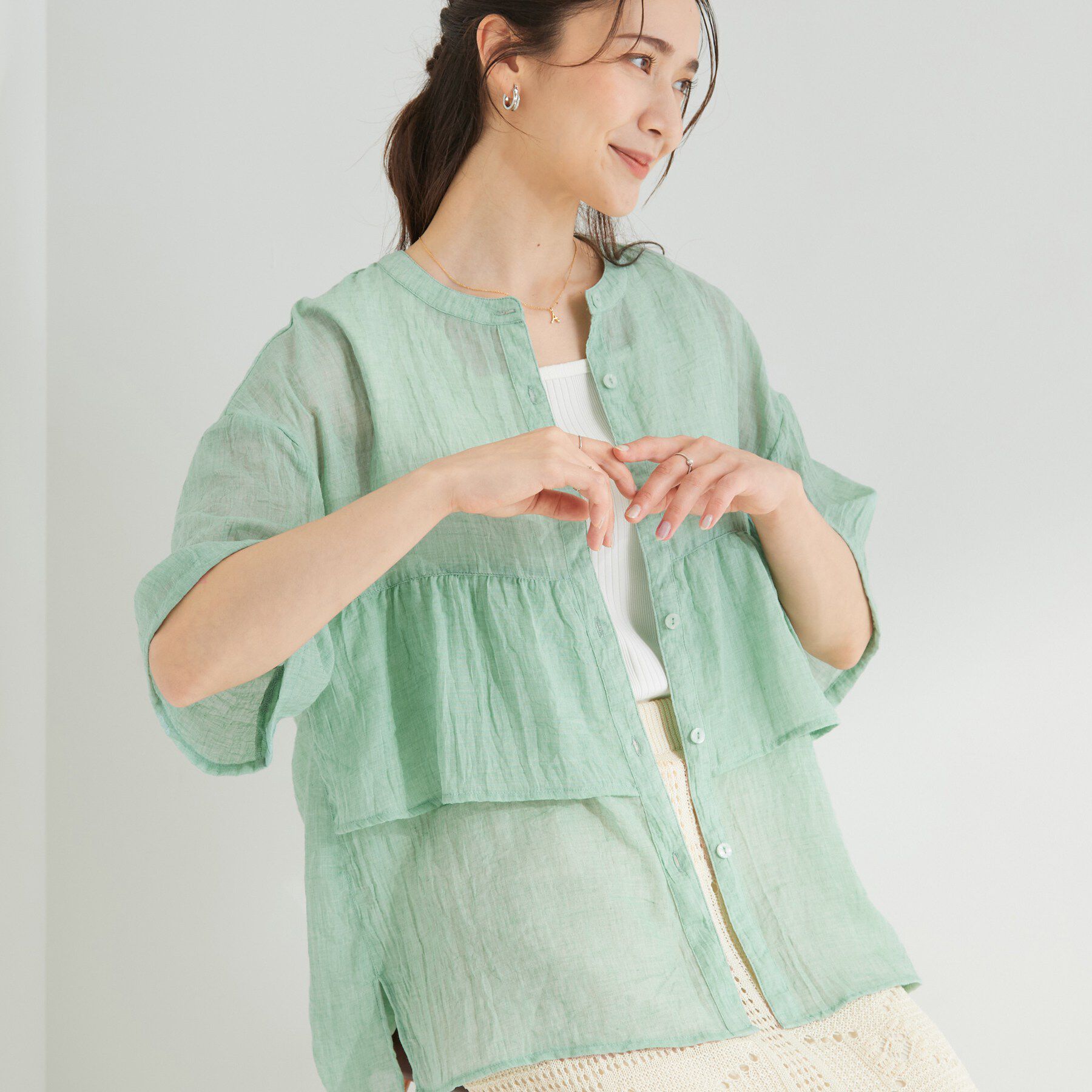SHOO･LA･RUE「フロントフリル シアーワッシャーブラウス」|シャツ・ブラウス|ミントグリーン(02