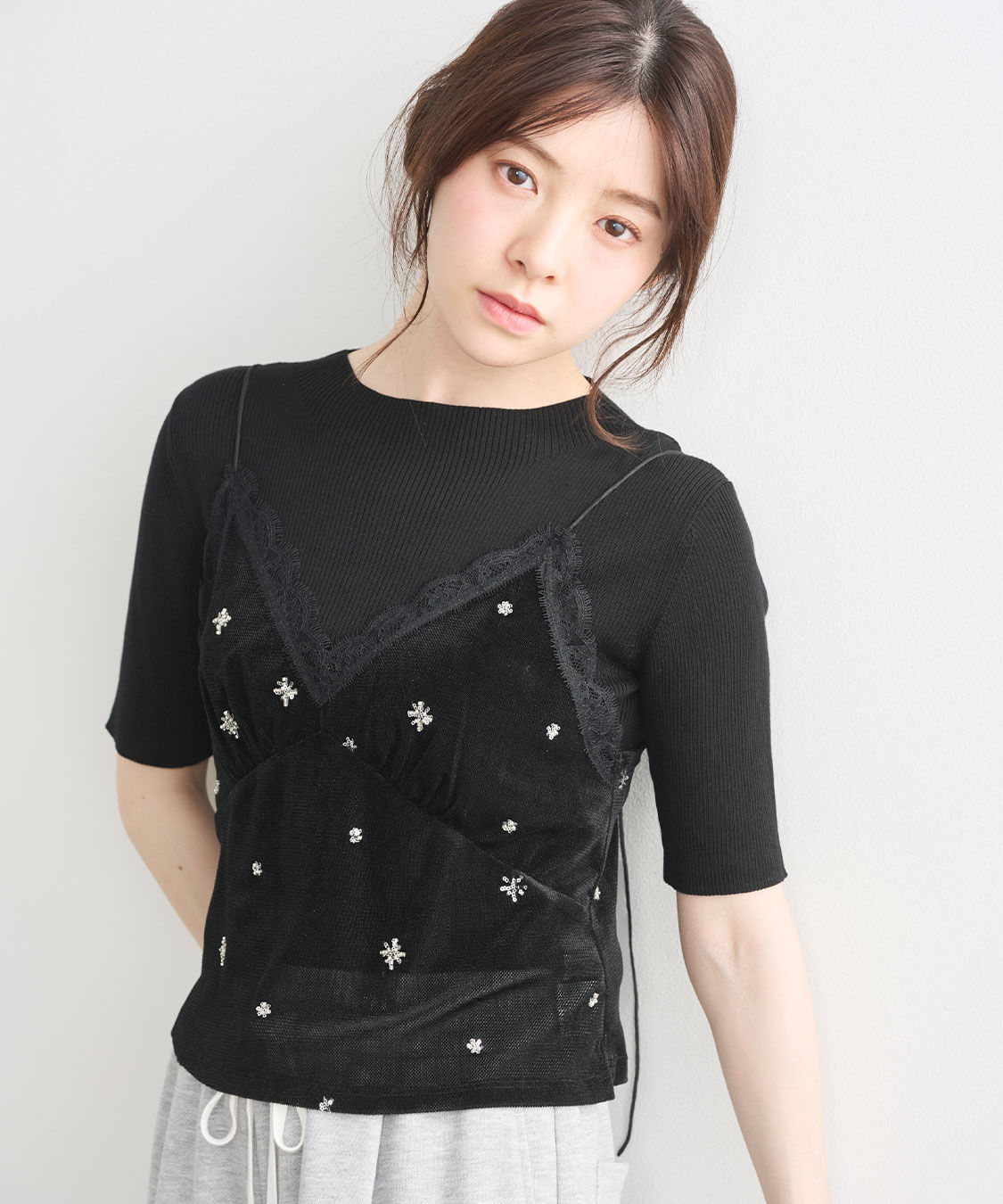 COCO DEAL「ビーズ刺繍シアーベロアキャミソール」|キャミソール|
