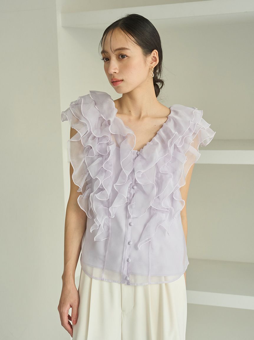 SNIDEL「【新色追加/WEB限定カラーあり】ノースリフリルブラウス」|シャツ・ブラウス|