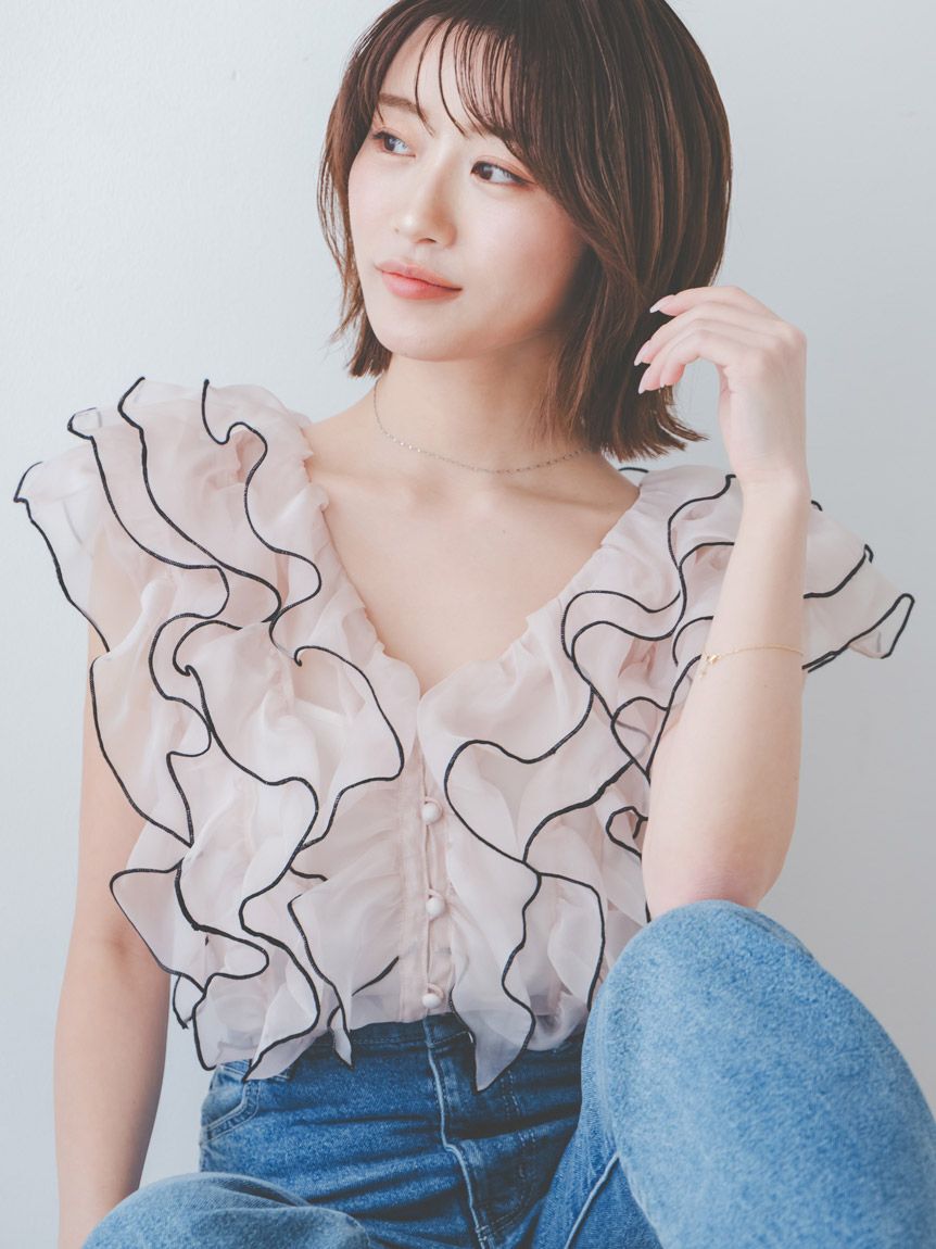 SNIDEL「【新色追加/WEB限定カラーあり】ノースリフリルブラウス」|シャツ・ブラウス|