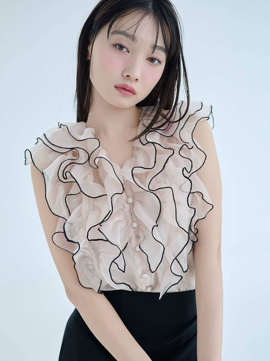 SNIDEL「【新色追加/WEB限定カラーあり】ノースリフリルブラウス」|シャツ・ブラウス|BEG