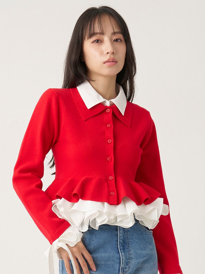 SNIDEL「【多色展開】ボリュームフリルペプラムカーディガン」|カーディガン|RED