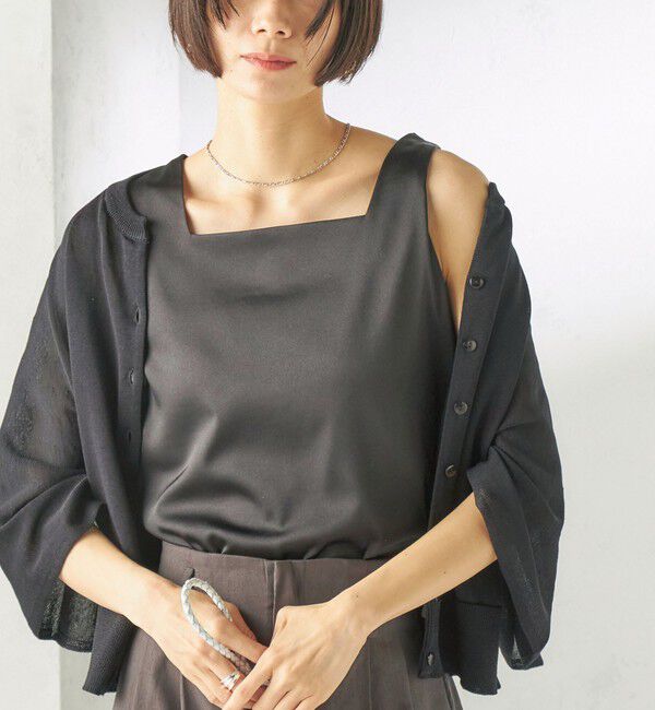 SHIPS for women「〈手洗い可能〉2WAY サテン &times; カットソー スクエア タンクトップ」|タンクトップ|ブラック