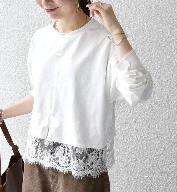 SHIPS any「《予約》SHIPS any:〈洗濯機可能〉ジップ レース ヘム ロングスリーブ TEE」|Tシャツ・カットソー|ホワイト