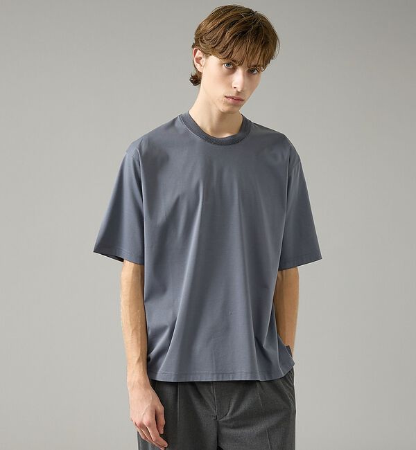 ABAHOUSE「KNIT COLLAR コットンポンチ クルーネック半袖Tシャツ / リラックス」|Tシャツ・カットソー|ブルーグレー