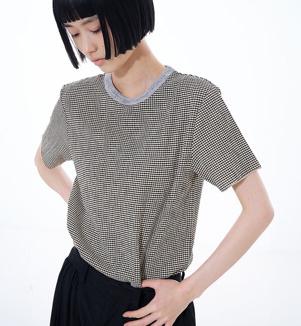 NOMINE「楊柳シボ感 リンガーTシャツ ｜ 半袖 リブ切替 クロップド丈」|Tシャツ・カットソー|ブラック系その他1