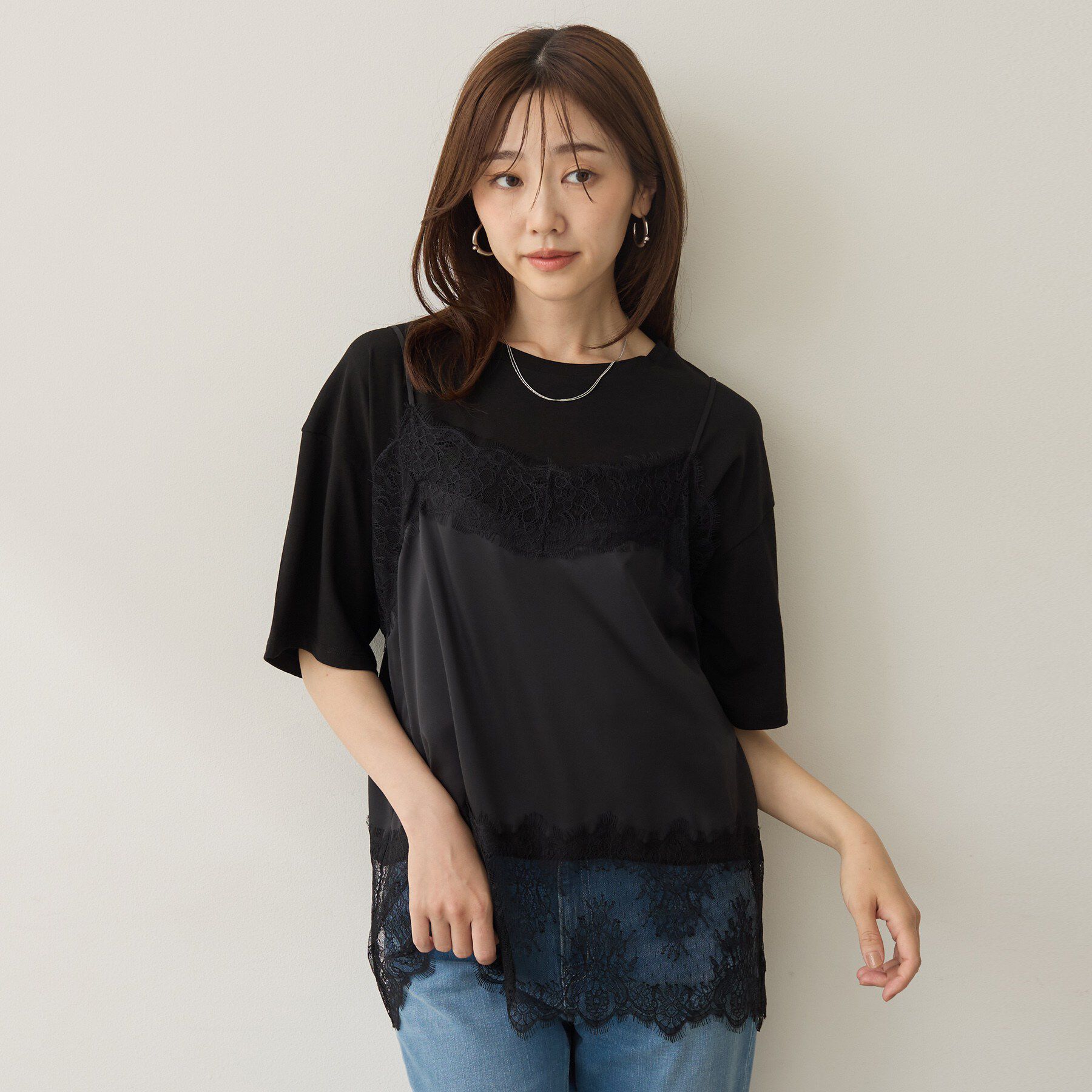 UNTITLED「【1枚でもセットでも】レースキャミ付きプルオーバー」|Tシャツ・カットソー|