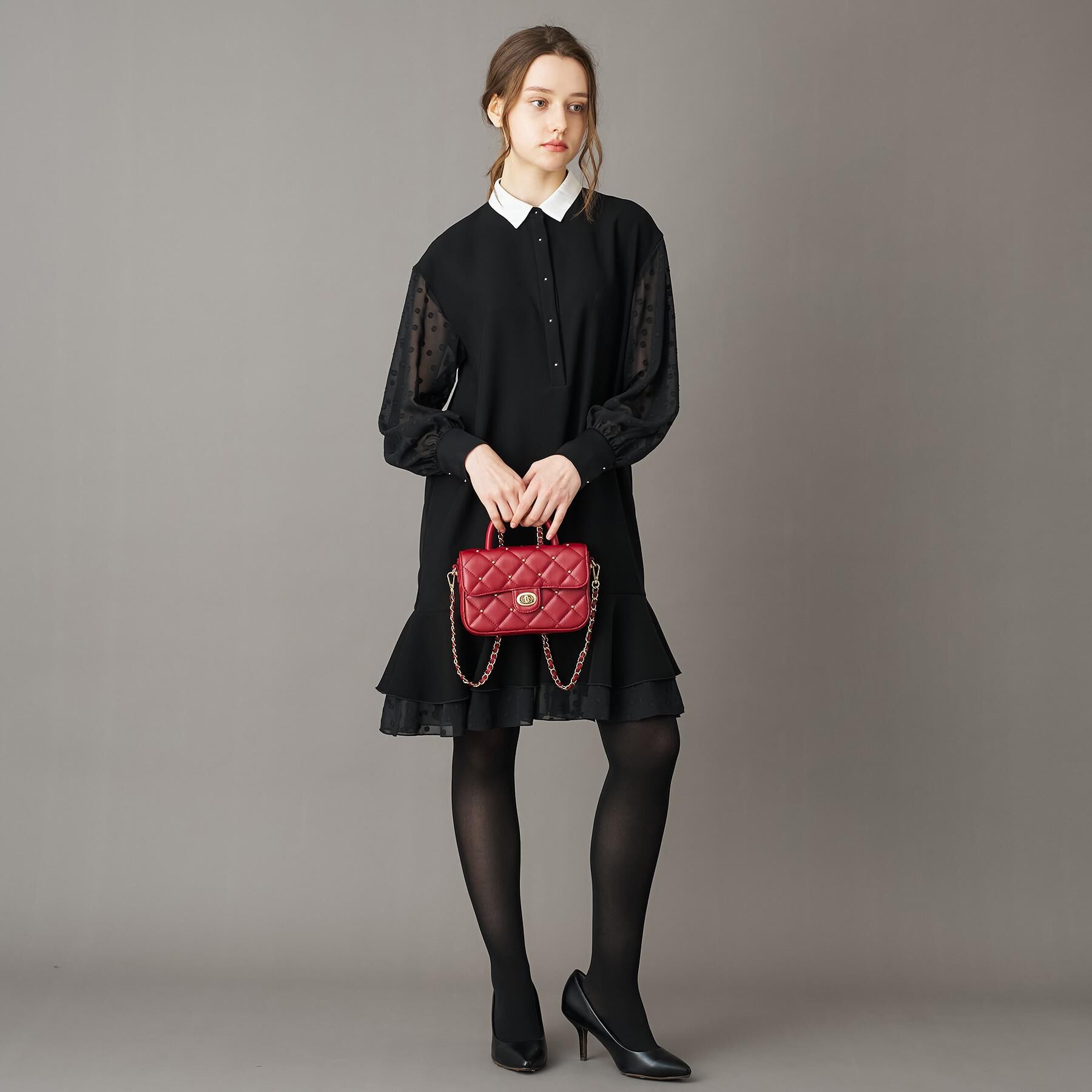 DRESSTERIOR「【ウォッシャブル】ダブルクロスボリュームスリーブミニワンピース」|ワンピース|
