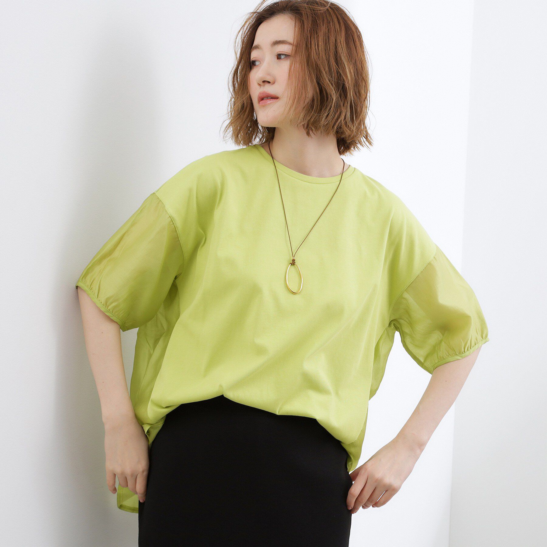 grove「【貴島明日香さん着用/UVカット】体型カバー叶う、バックプリーツTシャツ」|Tシャツ・カットソー|ライトグリーン(02