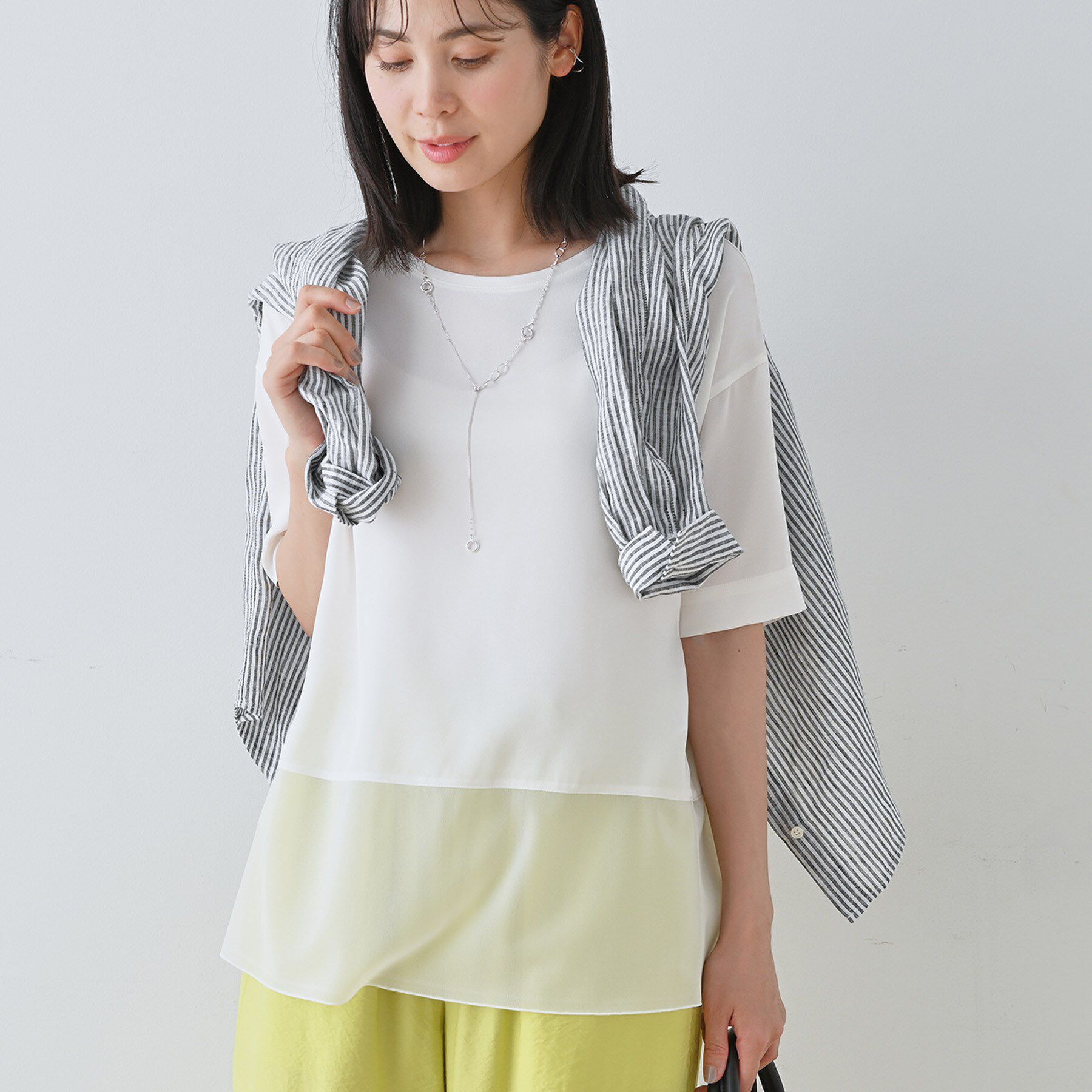 INDIVI「【洗える】裾シアー半袖トップス」|Tシャツ・カットソー|ホワイト(001)