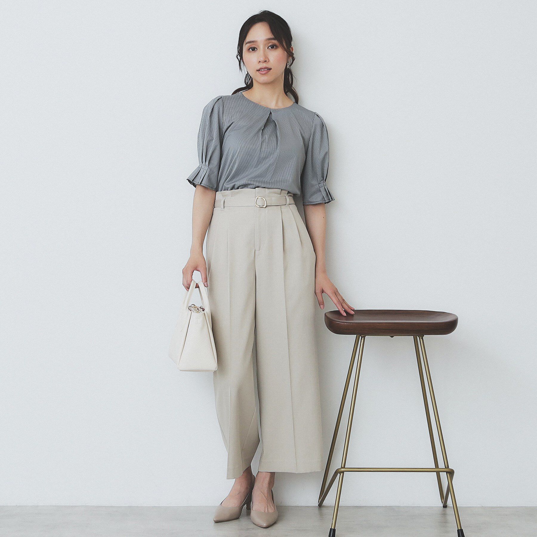 index「ストライプジャージタックスリーブトップス【吸水速乾／洗濯機洗い可】」|Tシャツ・カットソー|