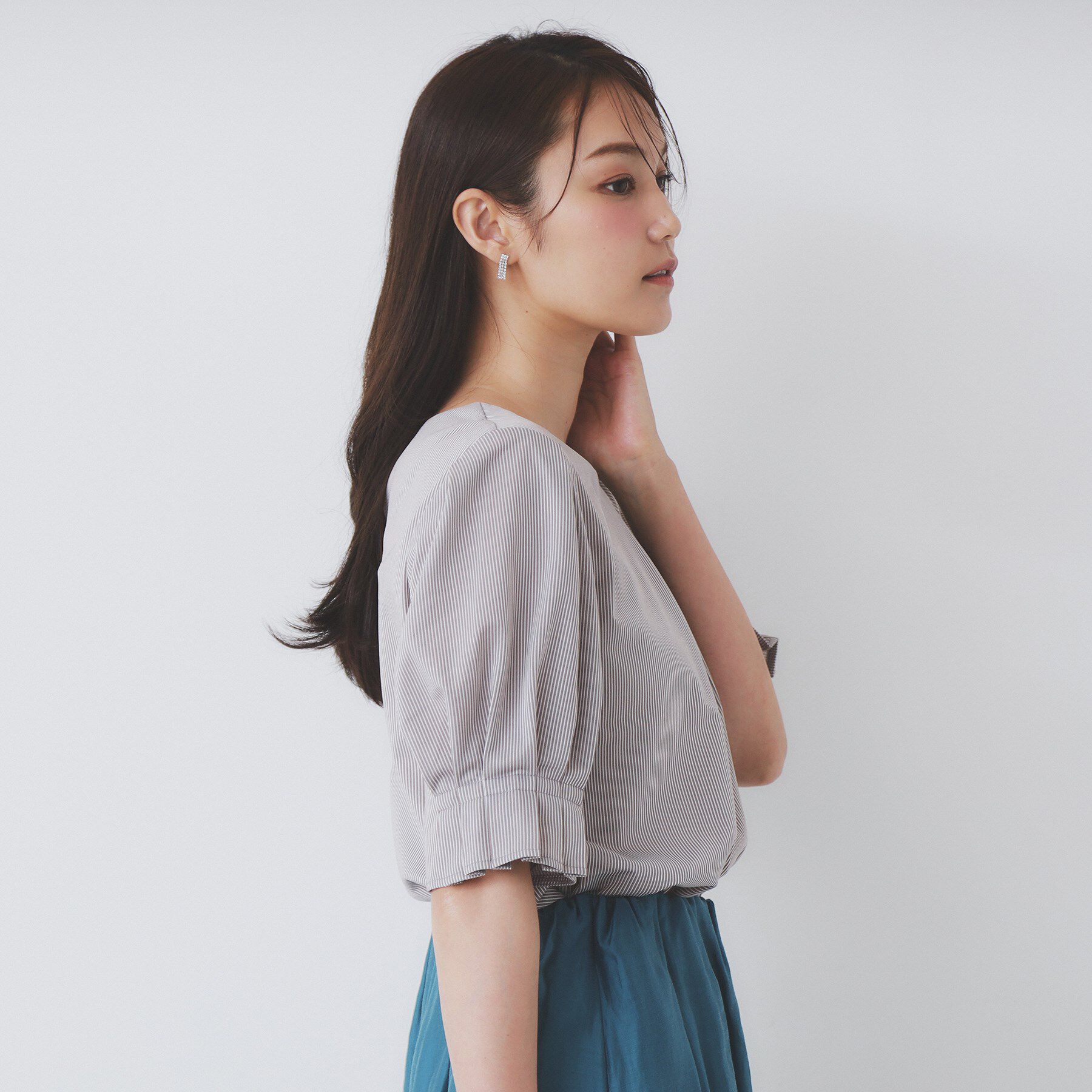 index「ストライプジャージタックスリーブトップス【吸水速乾／洗濯機洗い可】」|Tシャツ・カットソー|