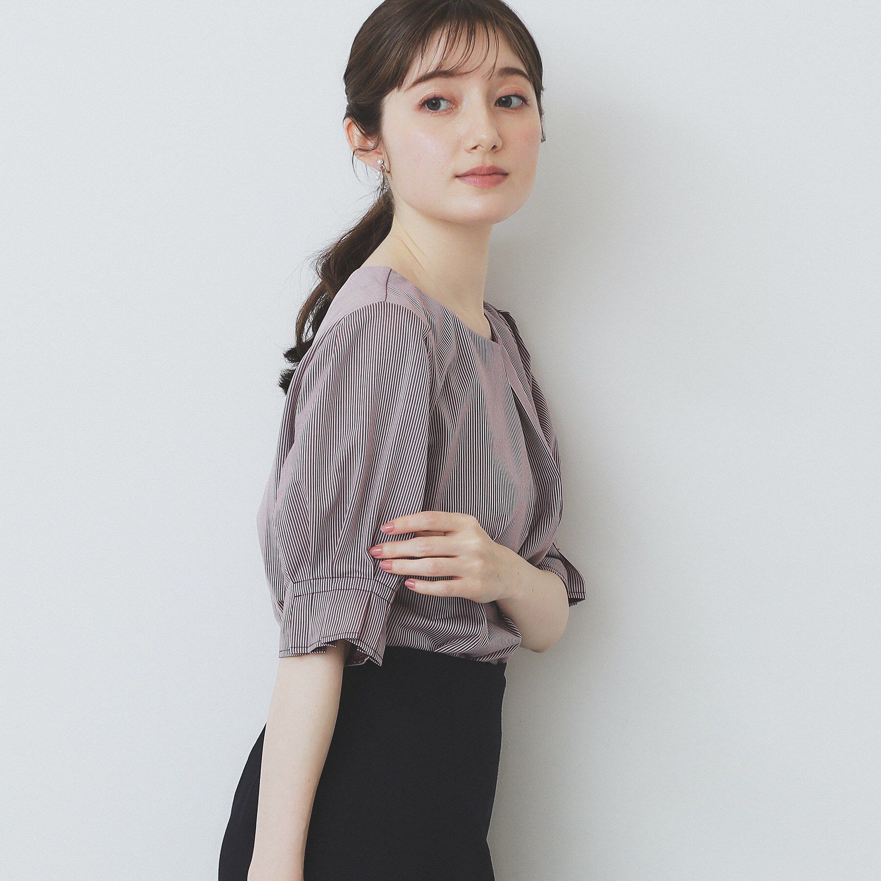 index「ストライプジャージタックスリーブトップス【吸水速乾／洗濯機洗い可】」|Tシャツ・カットソー|ボルドー(364)