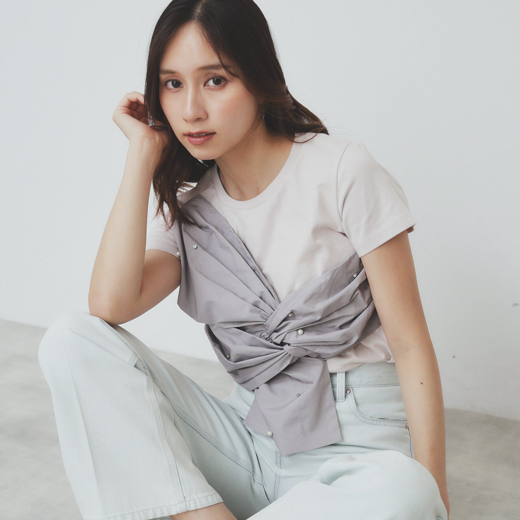 index「パール調アシメドッキングTシャツ【洗える／接触冷感】」|Tシャツ・カットソー|グレージュ(550)