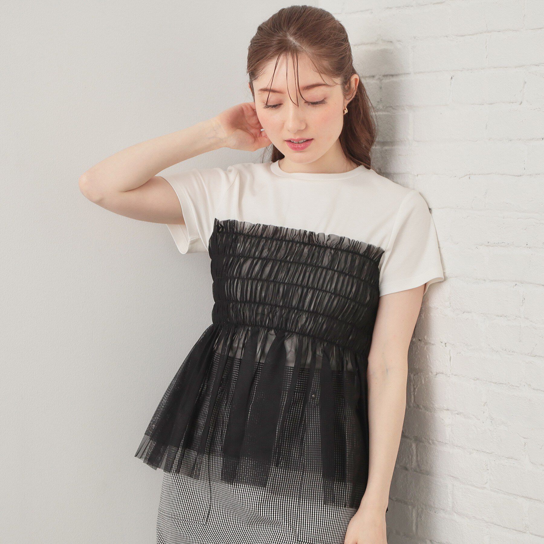 index「チュールペプラムトップス【洗濯機OK／接触冷感／UVケア】」|Tシャツ・カットソー|ブラック(519)