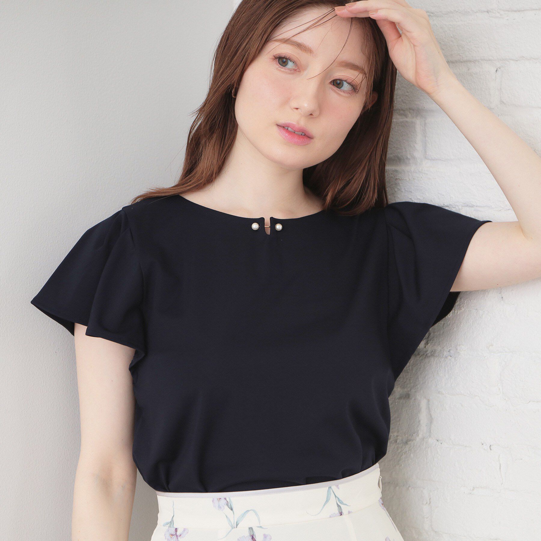 index「【接触冷感】フリルフレンチスリーブトップス《UVケア／洗濯機OK》」|Tシャツ・カットソー|ネイビー(094)