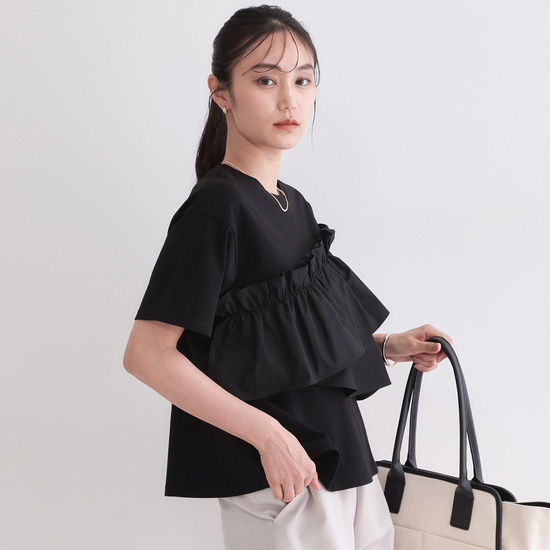 OPAQUE.CLIP「【接触冷感】アシメフリルドッキングカットソー《洗濯機OK》」|Tシャツ・カットソー|