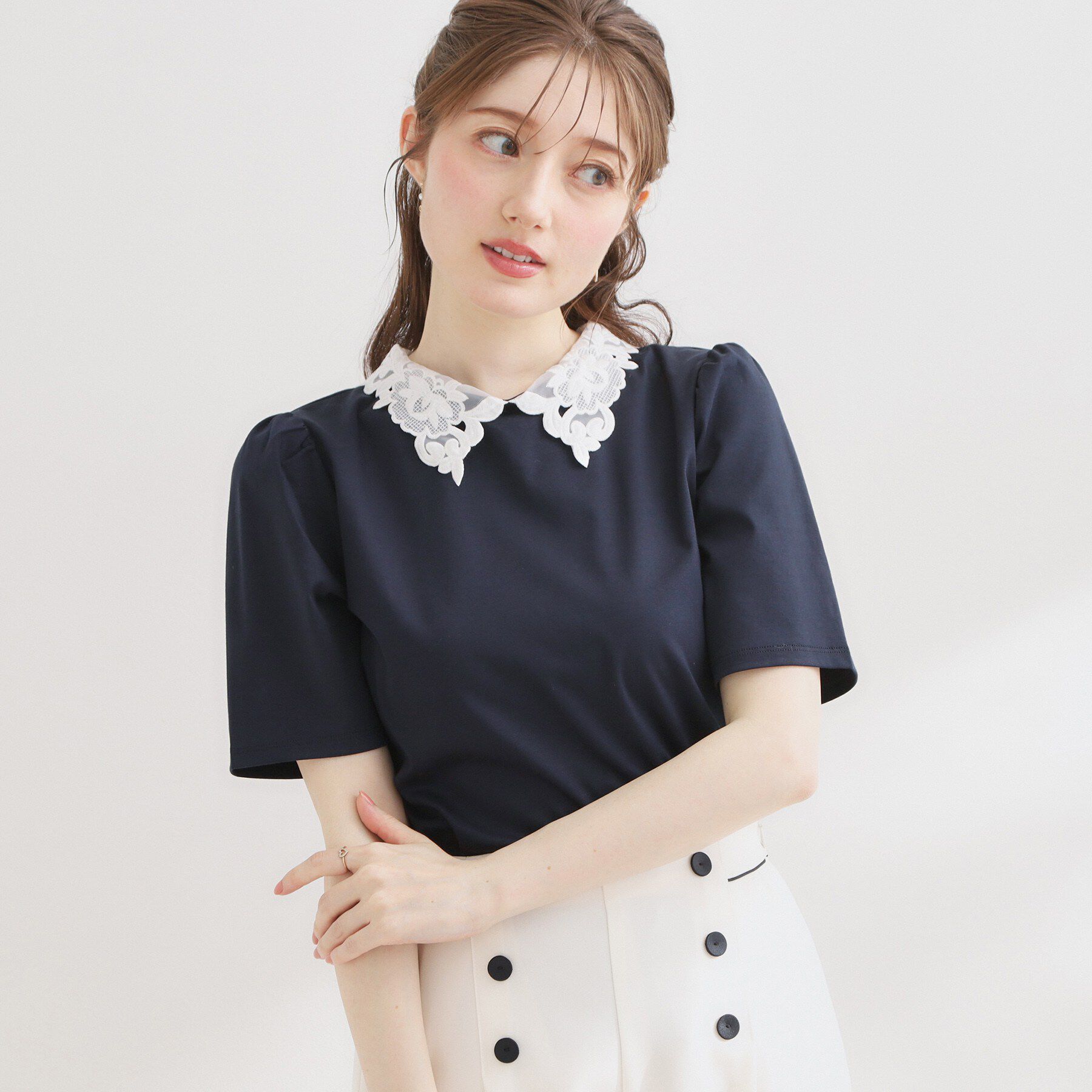 Couture broach「【UVカット・接触冷感・洗える】襟レース トップス」|Tシャツ・カットソー|