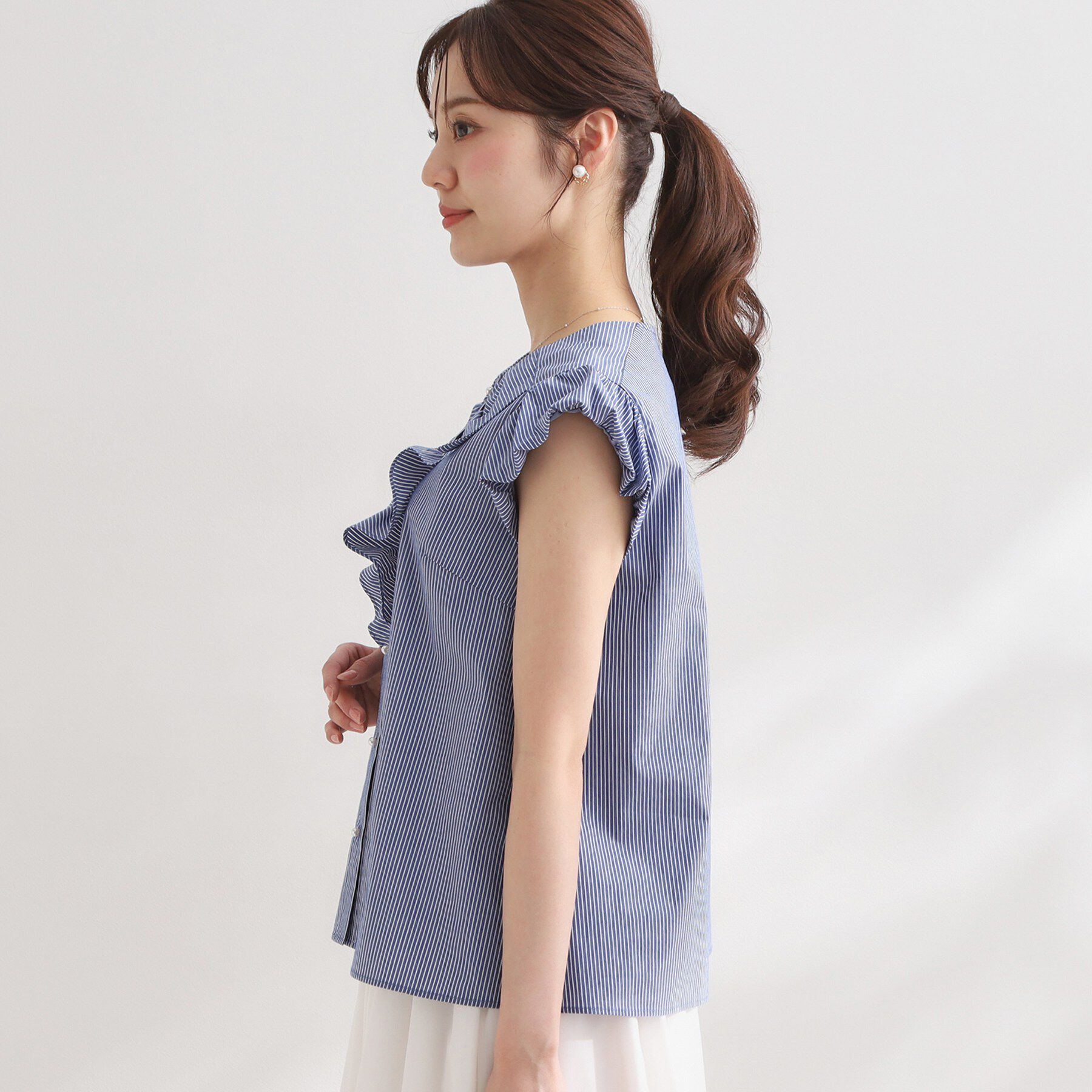 Couture broach「【洗える】リボン調フリル ストライプ ブラウス」|シャツ・ブラウス|