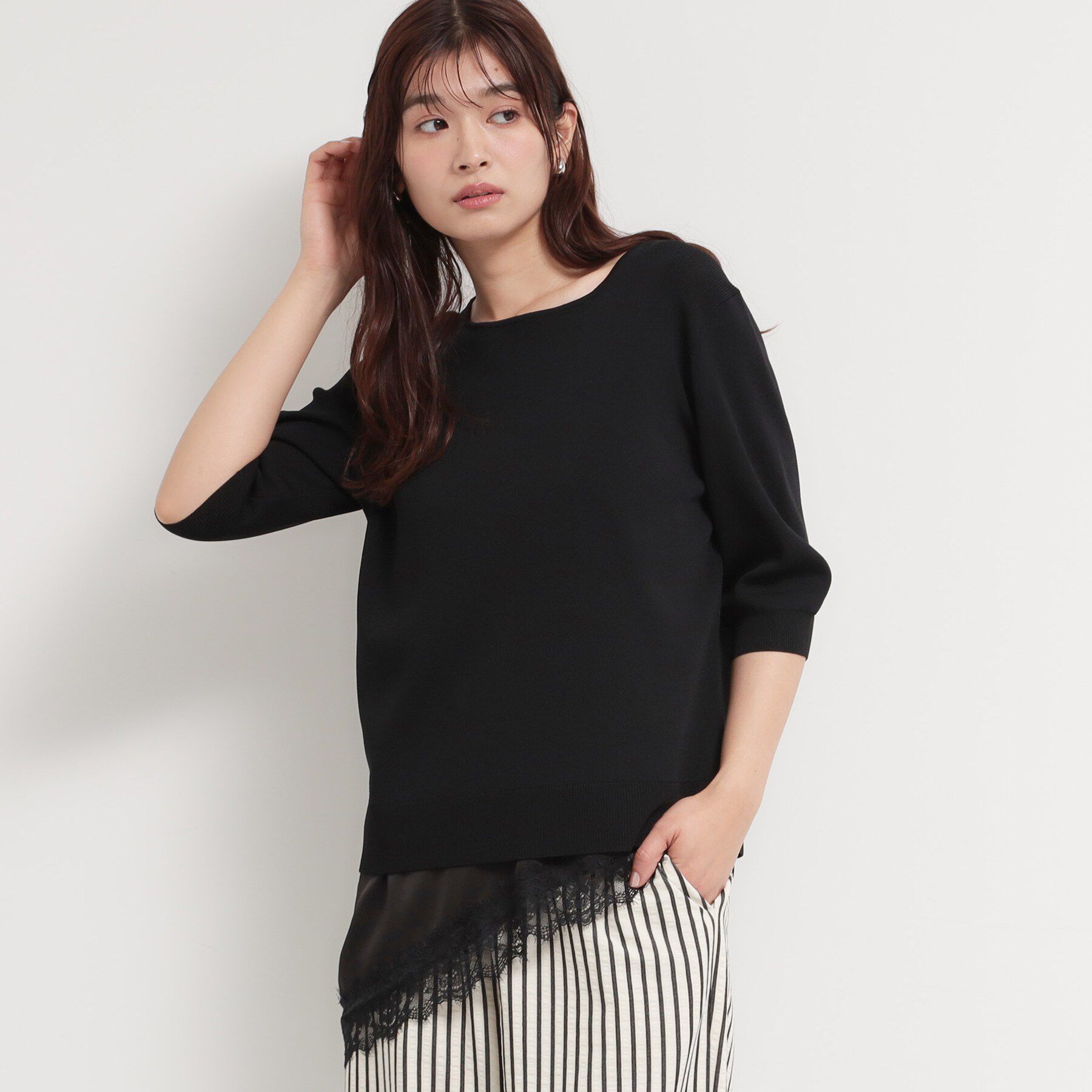 THE SHOP TK「【S-XL/ひんやりタッチ】美しさ際立つ 6分袖ニット 洗濯機OK/UVケア/毛玉になりにくい」|ニット・セーター|ブラック(019)