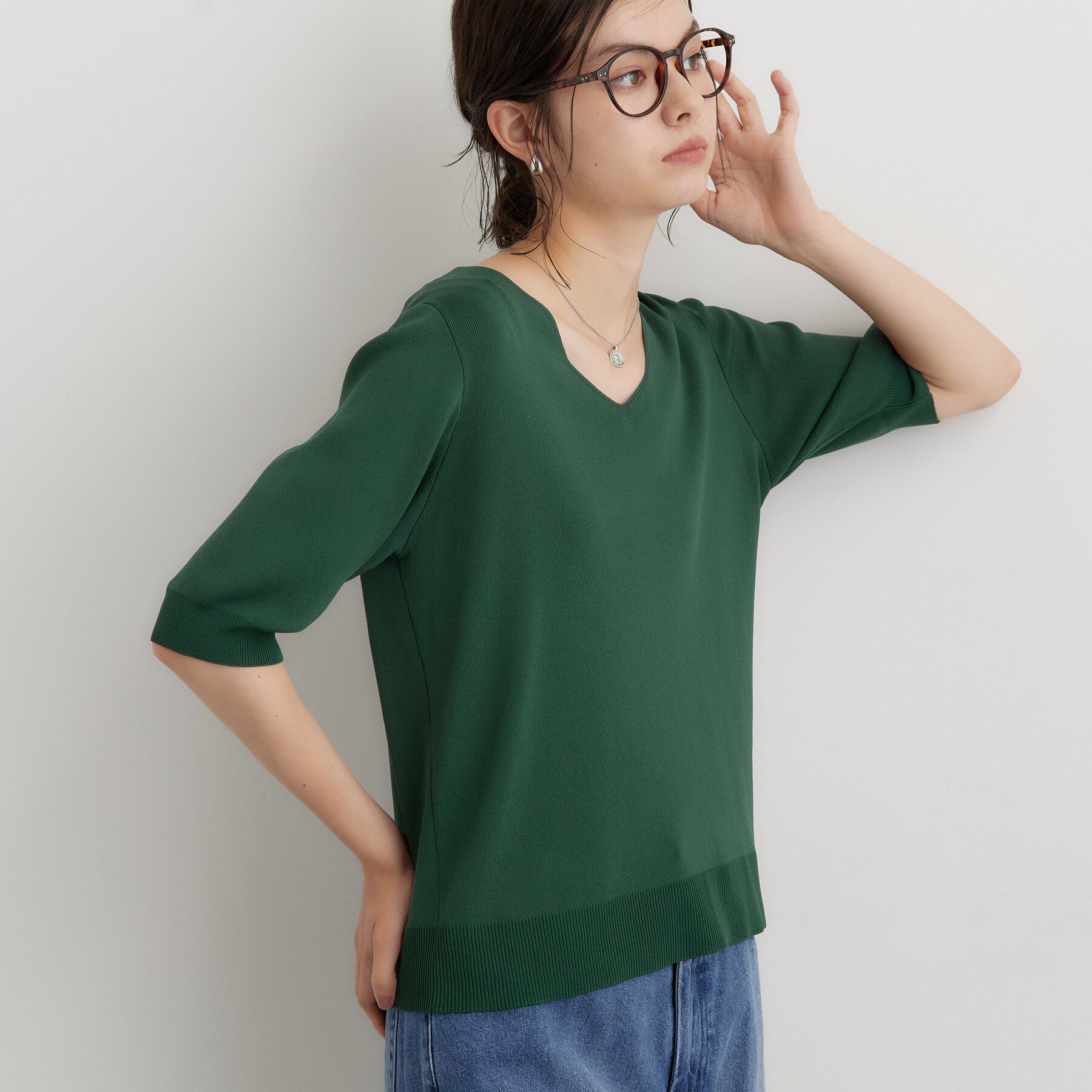 THE SHOP TK「【ひんやり】すっきりVネック 6分袖ニット」|ニット・セーター|