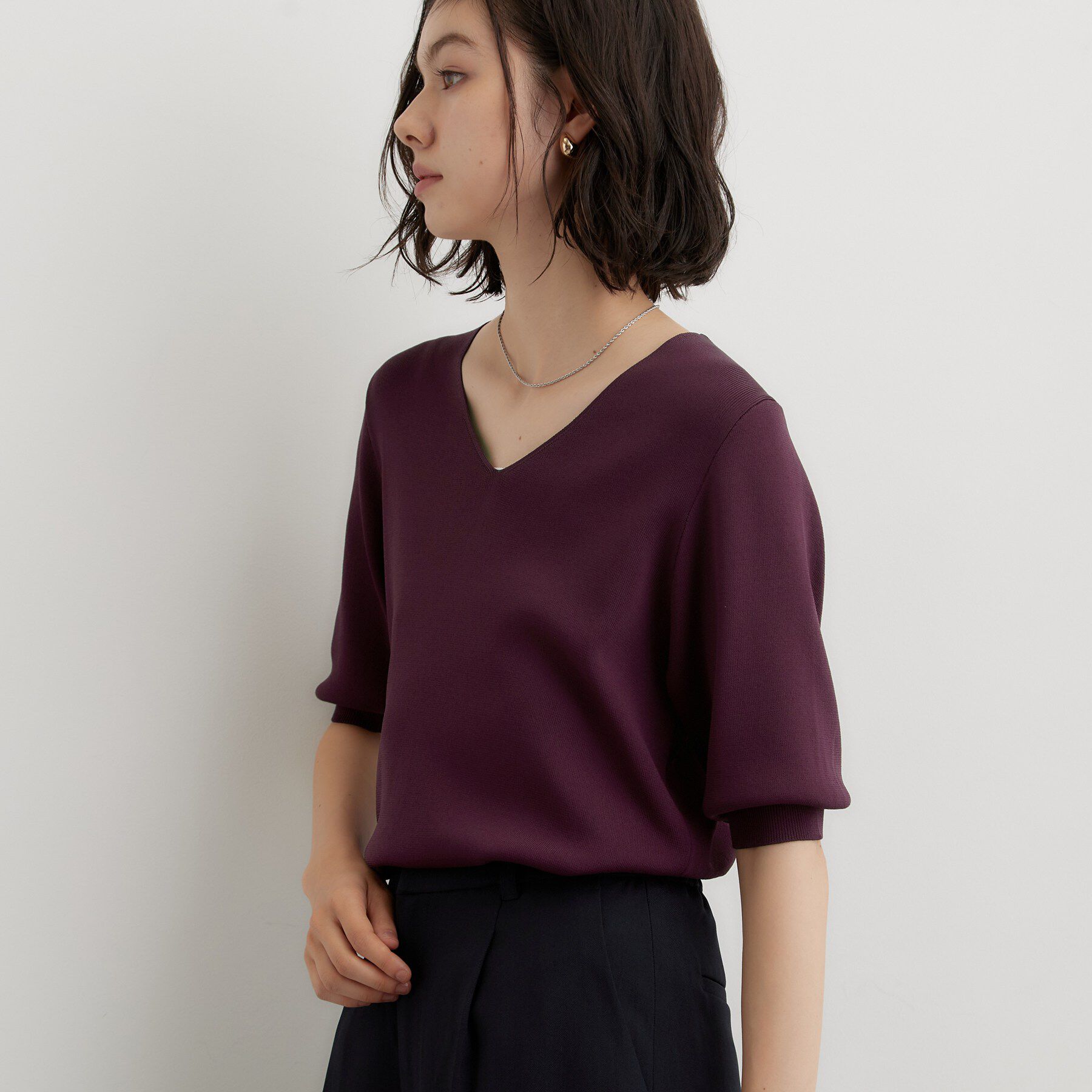 THE SHOP TK「【ひんやり】すっきりVネック 6分袖ニット」|ニット・セーター|