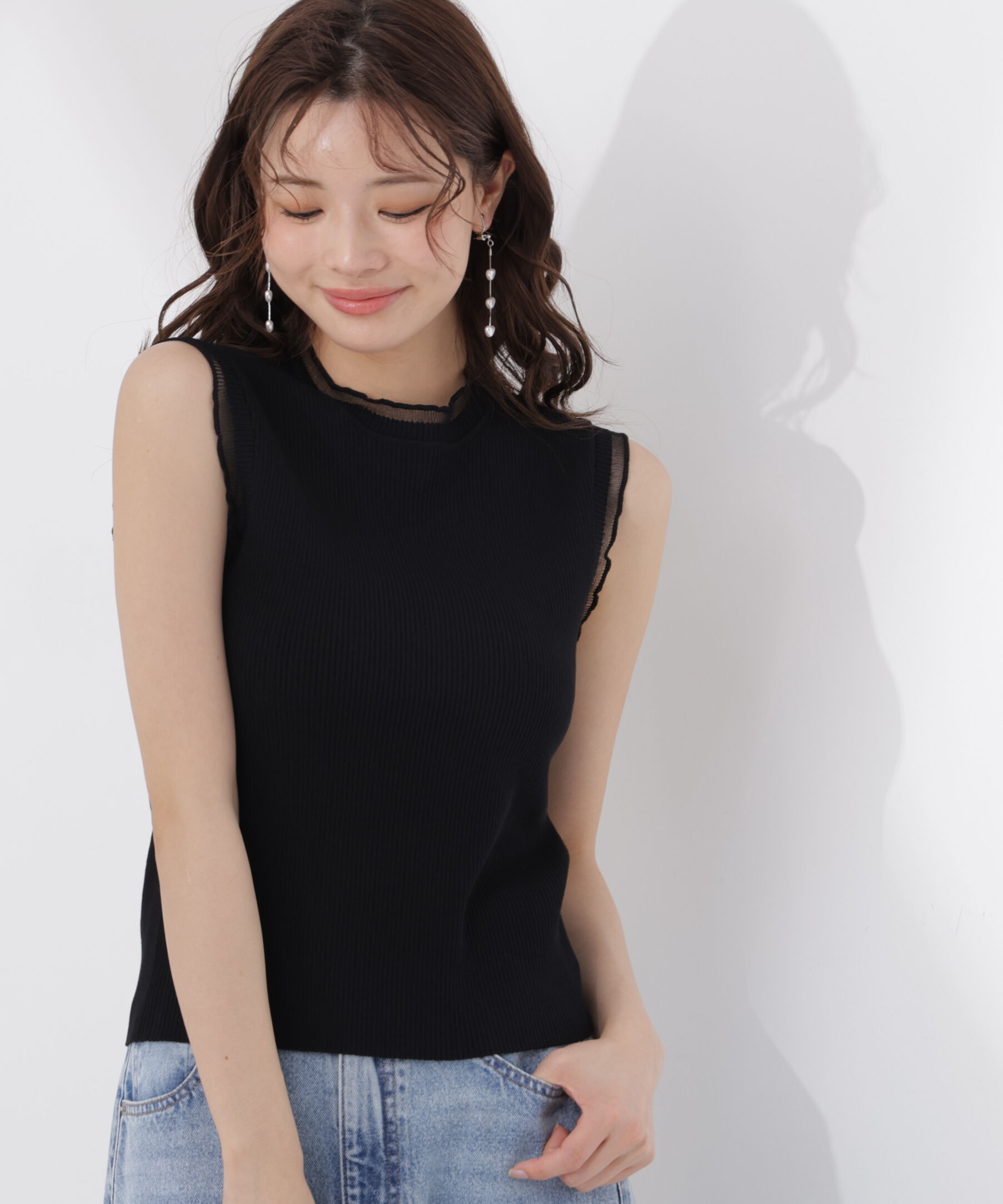 PROPORTION BODY DRESSING「＜中川紅葉さん着用＞部分シアーノースリーニット」|ニット・セーター|ブラック