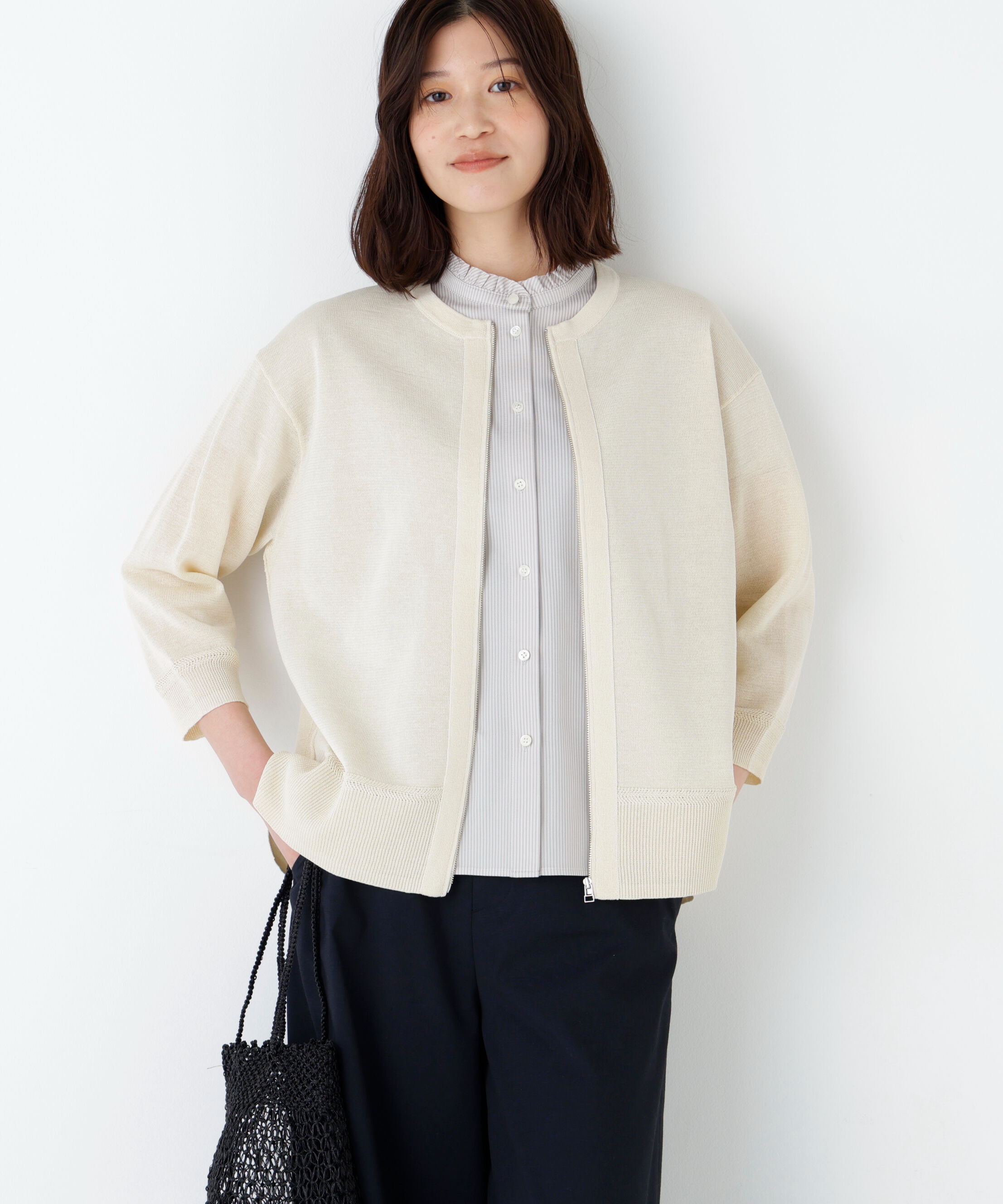  「《名品 / 洗える / 4ｶﾗｰ展開》ﾊｲｹﾞｰｼﾞｷﾞﾏ ｼﾞｯﾌﾟｱｯﾌ  」|ニット・セーター|エクリュ1