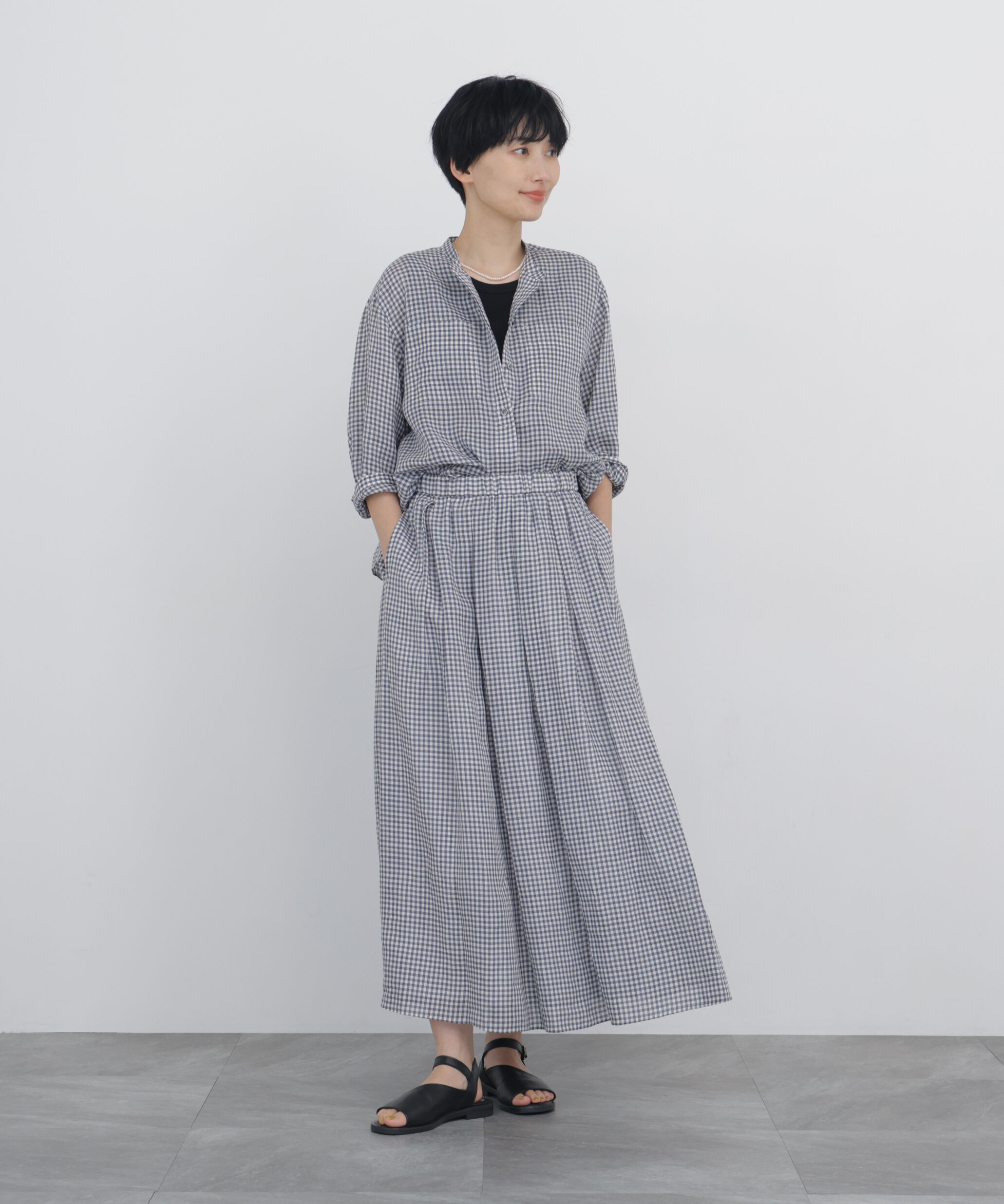  「ラミーチェックバンドカラーシャツブラウス」|シャツ・ブラウス|