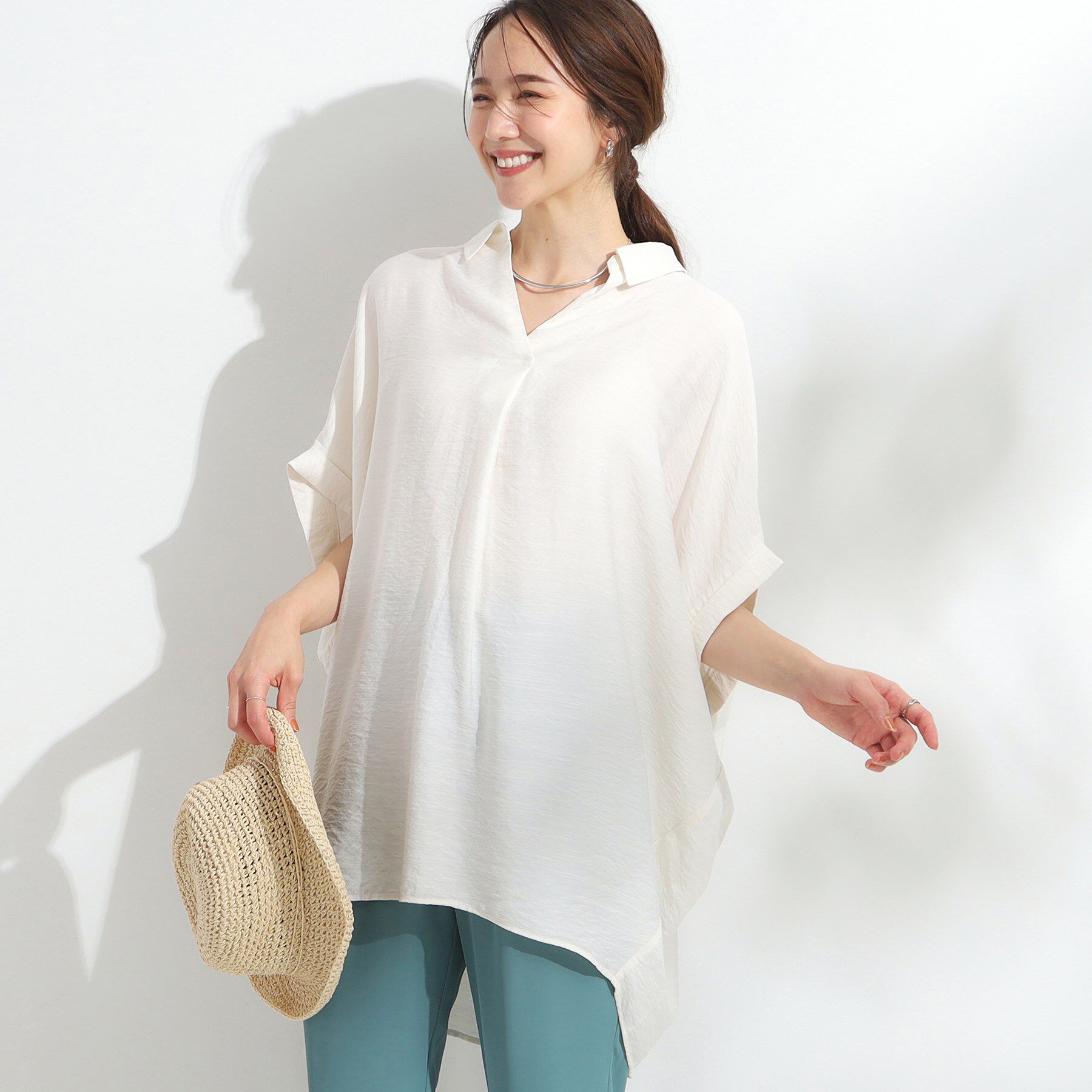 SHOO･LA･RUE「【ひんやり】すっきりきれいに体型カバー コクーンシルエットワンピース」|チュニック|アイボリー(004)