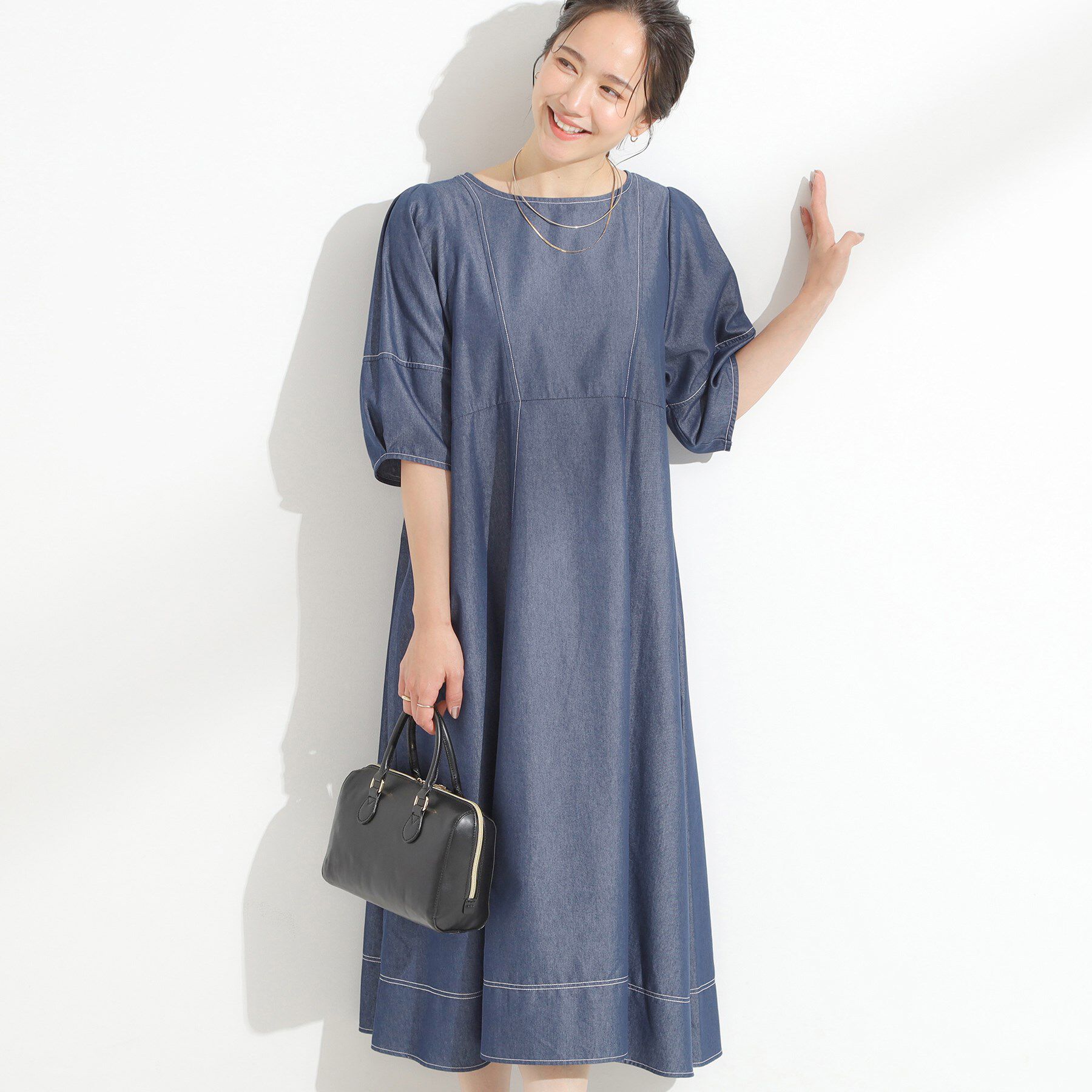 SHOO･LA･RUE「【S-LL】配色ステッチがアクセント デニムワンピース」|ワンピース|ネイビー(094)