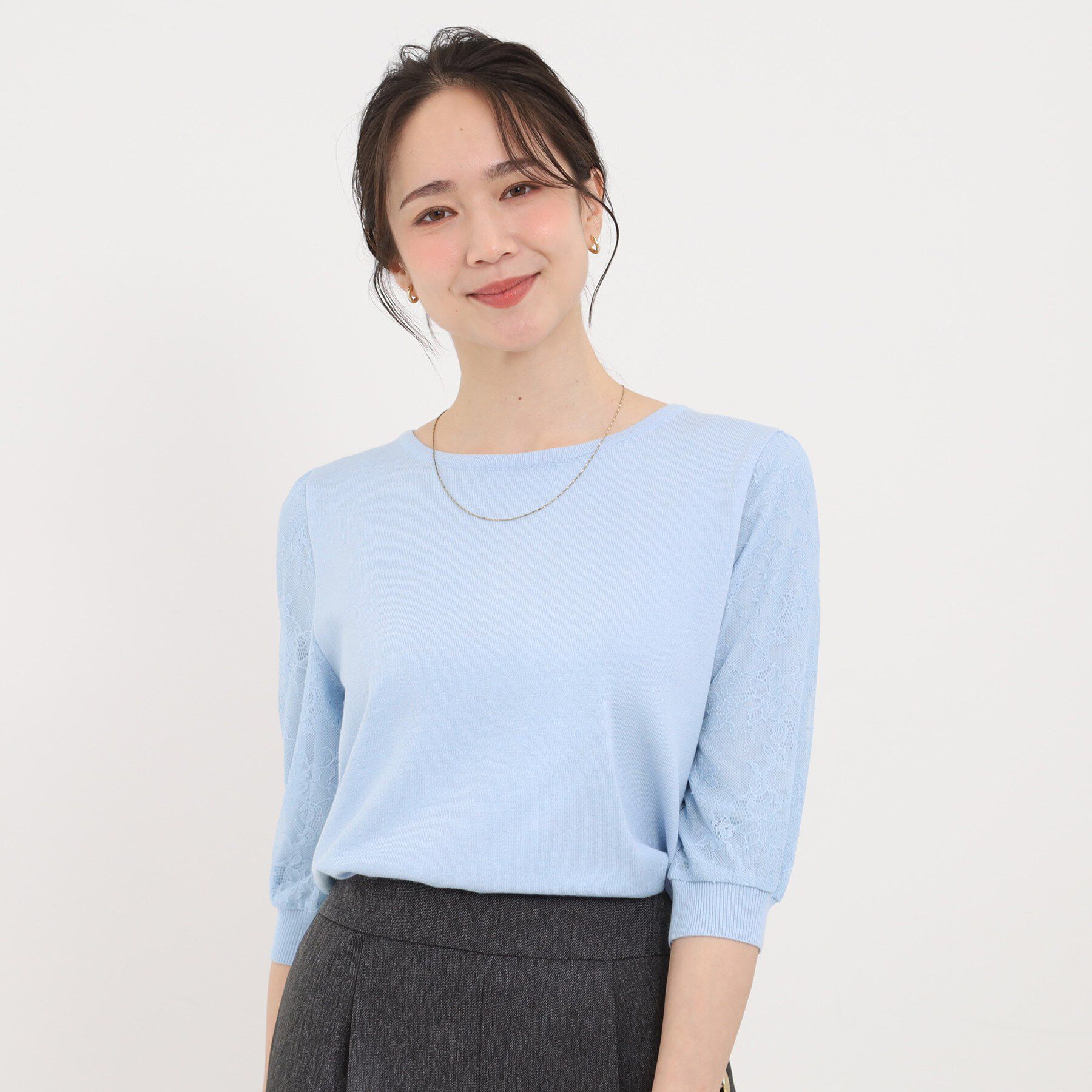 SHOO･LA･RUE「【洗濯機可/S-LL】シンプルだけど華やか レースの5分袖ニット」|ニット・セーター|