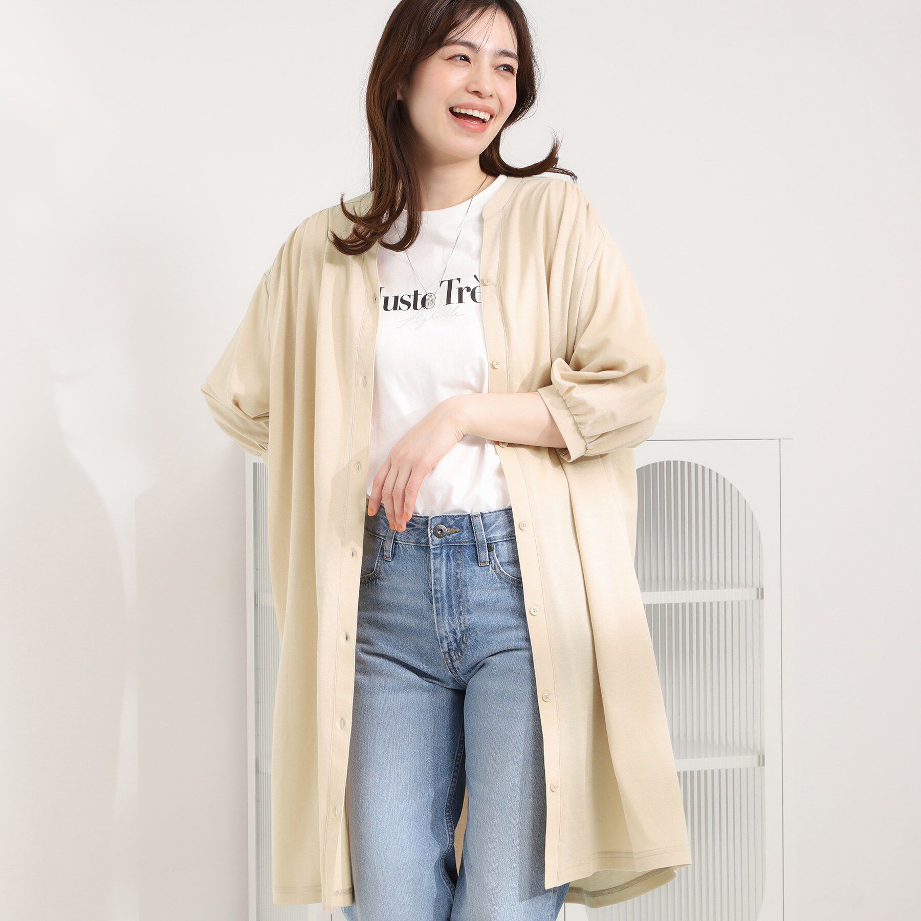 SHOO･LA･RUE「【洗濯機可/S-LL】1枚でも羽織でも キーネックシャツワンピース」|ワンピース|ライトベージュ(05