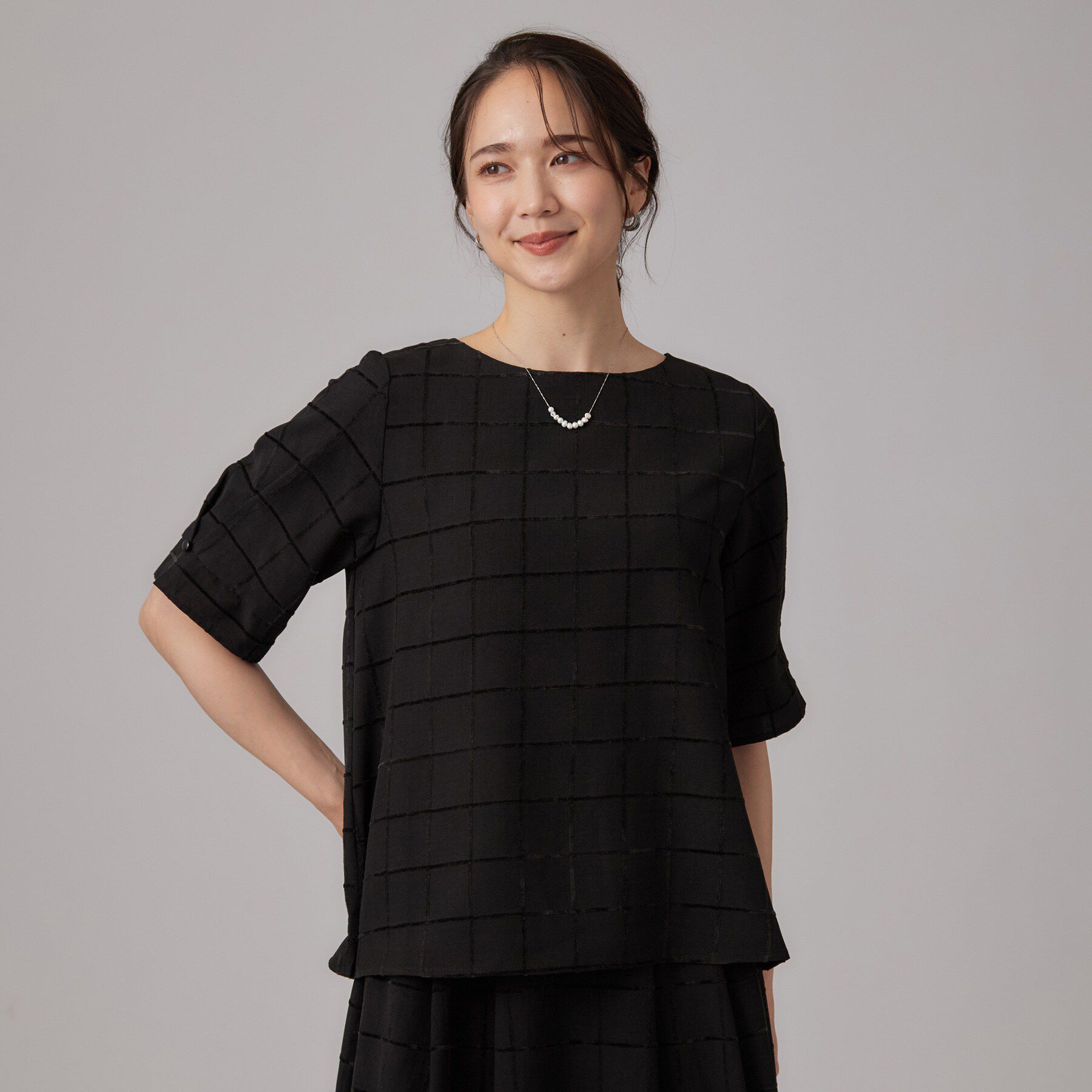SHOO･LA･RUE「【セットアップ可/S-LL】モールチェックで上品に タックスリーブ ブラウス」|シャツ・ブラウス|