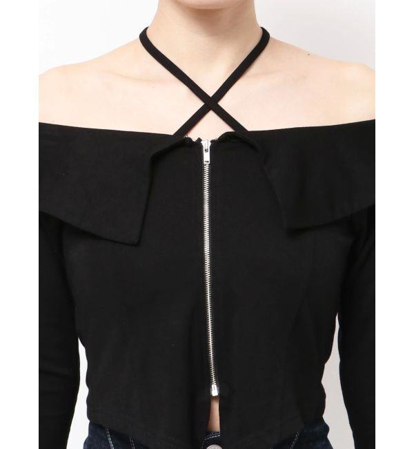 GYDA「フロントZIPクロスチョーカーショートトップス」|Tシャツ・カットソー|