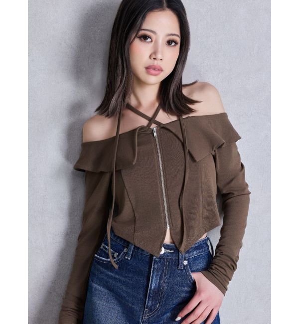 GYDA「フロントZIPクロスチョーカーショートトップス」|Tシャツ・カットソー|カーキ