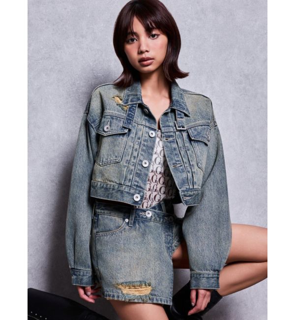 GYDA「belt collarダメージショートデニムGジャン」|デニムジャケット|