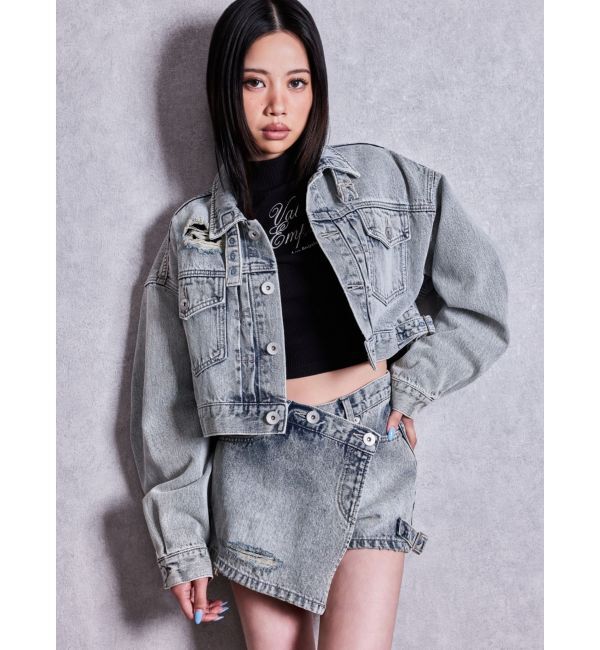 GYDA「belt collarダメージショートデニムGジャン」|デニムジャケット|